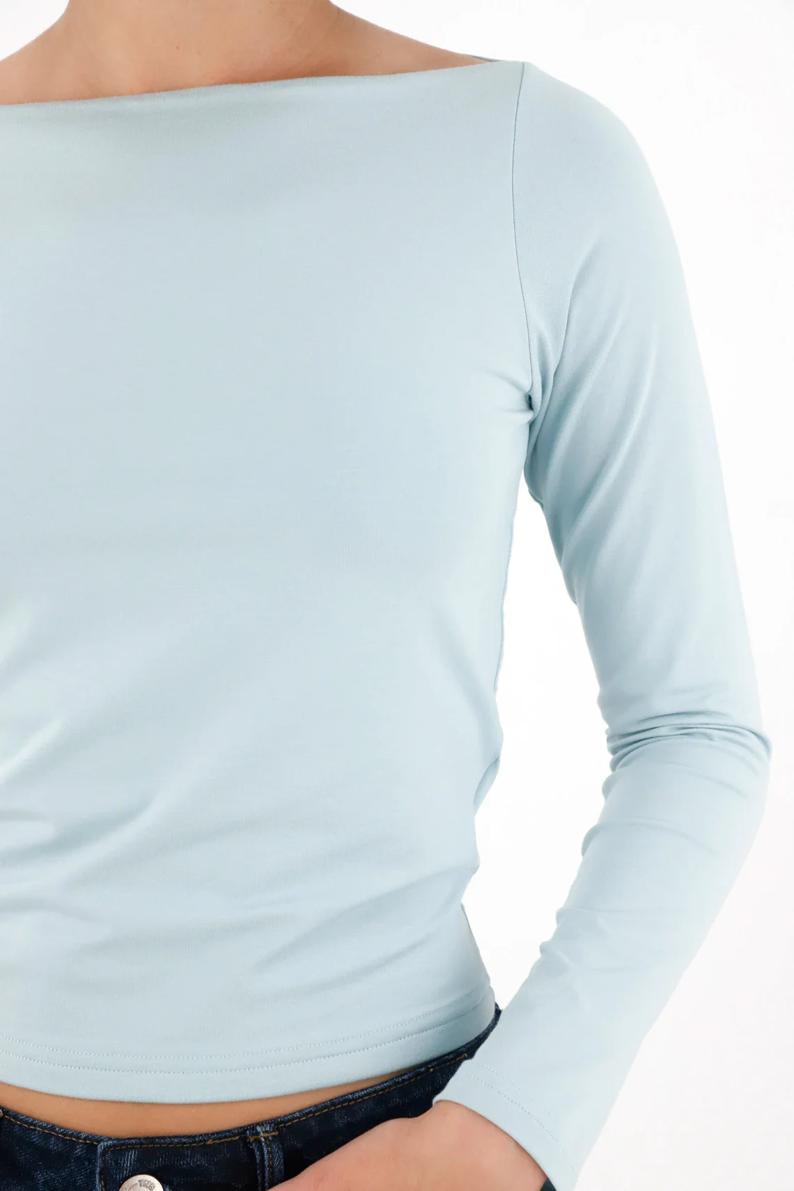 Fitted Boat Neck T-Shirt in Blue for Women - Image 3