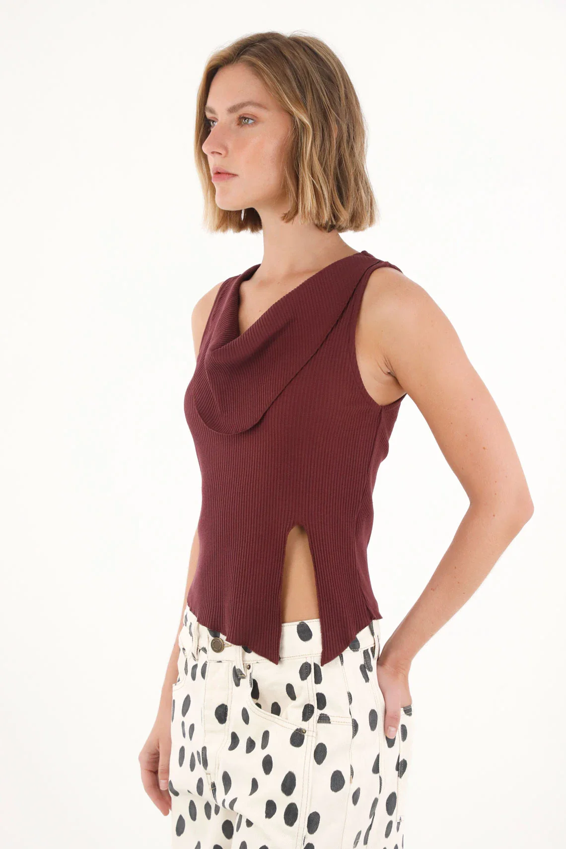 Red Draped Crew Neck T-Shirt for Women