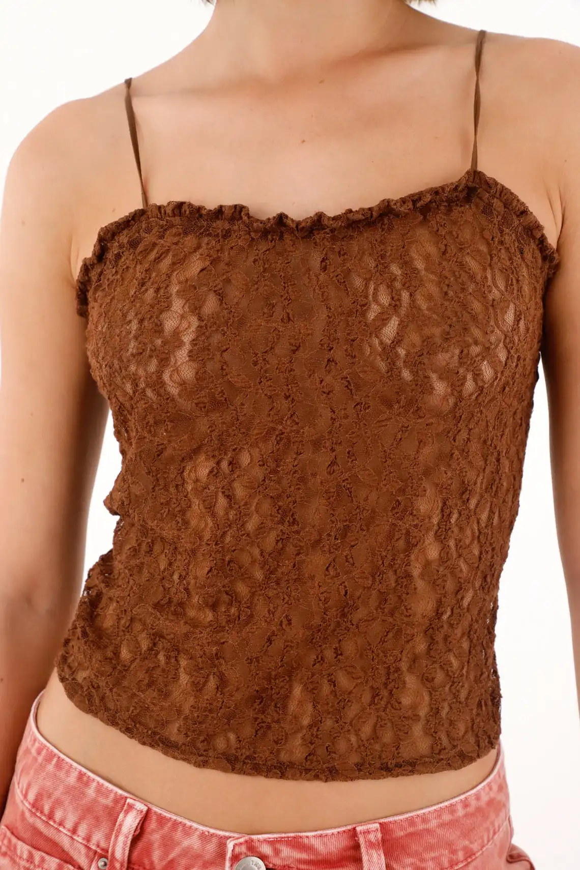 Lace Fabric T-Shirt with Brown Sheerness for Women - Image 3