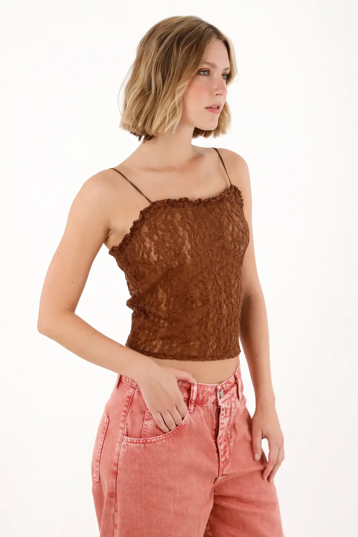 Lace Fabric T-Shirt with Brown Sheerness for Women - Image 4