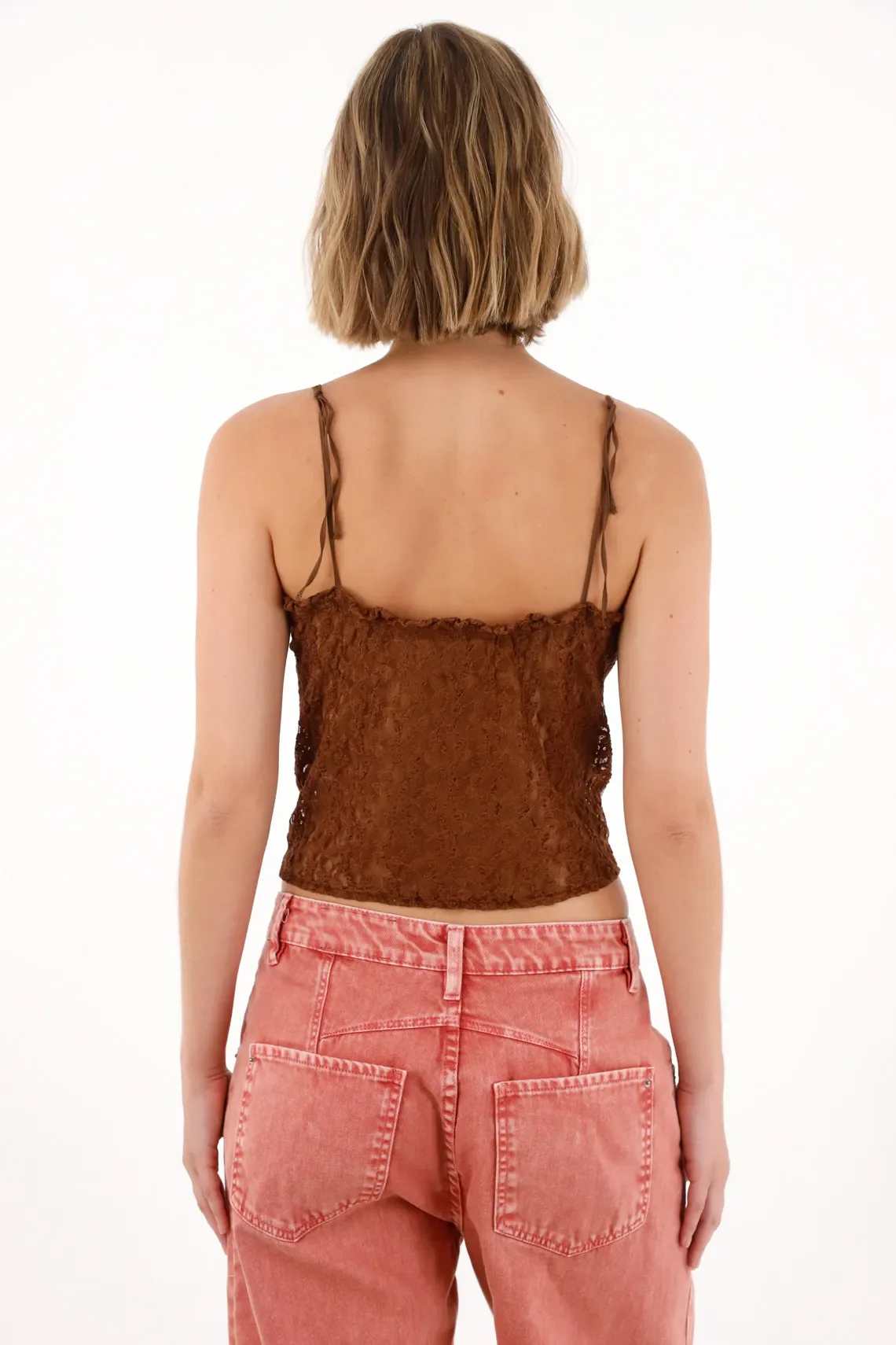 Lace Fabric T-Shirt with Brown Sheerness for Women - Image 5