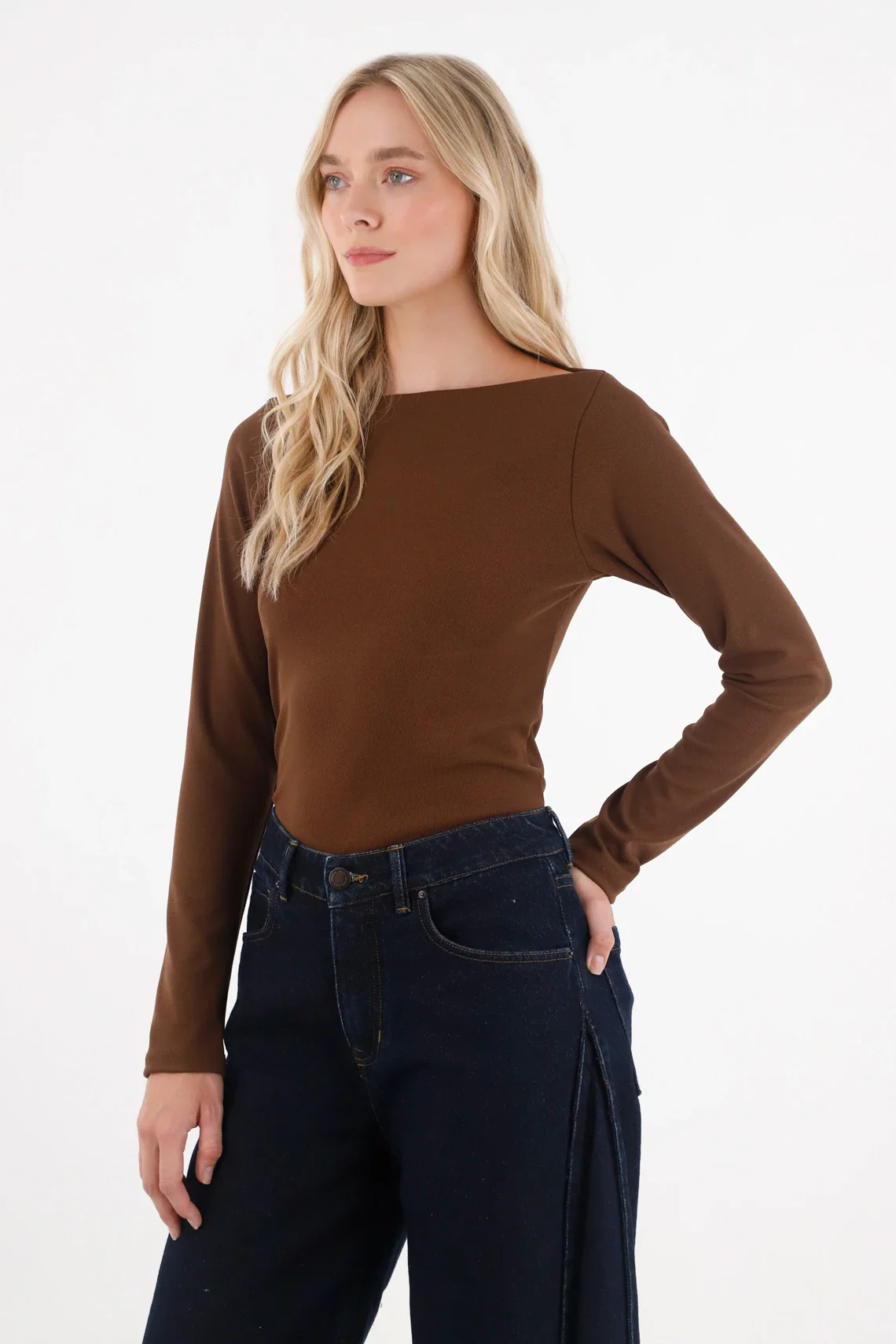 Fitted T-Shirt with Boat Neck in Brown for Women - Image 2