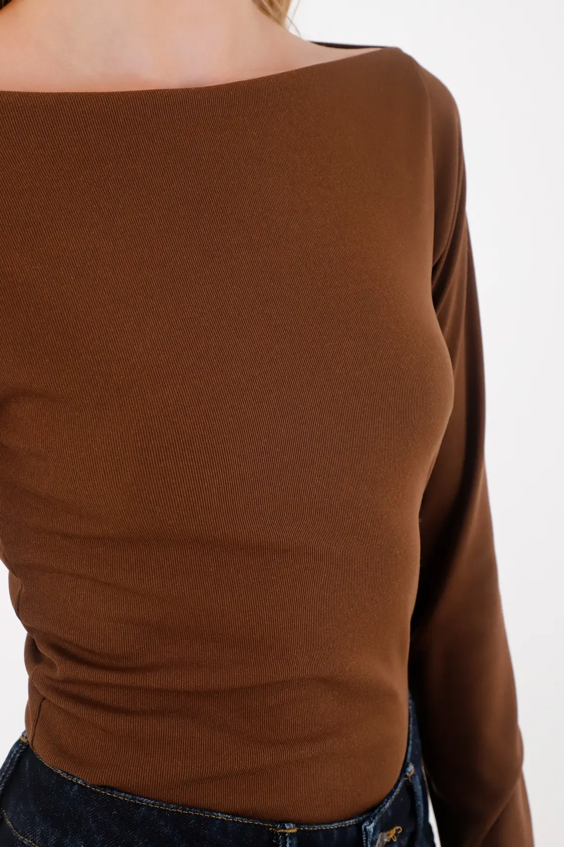 Fitted T-Shirt with Boat Neck in Brown for Women - Image 3
