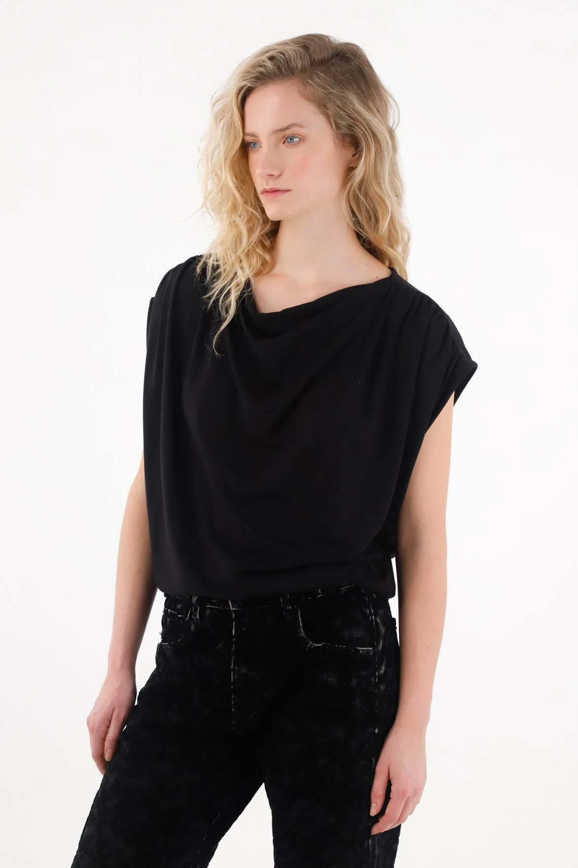 Black Draped T-Shirt for Women - Image 2