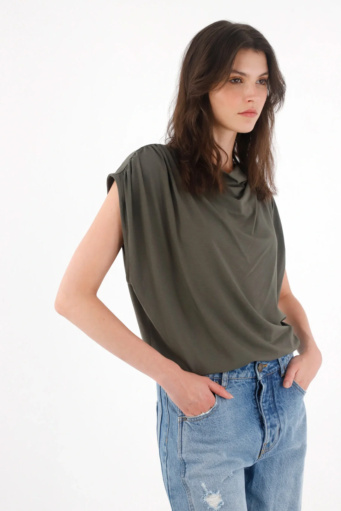 Gray Draped T-Shirt for Women