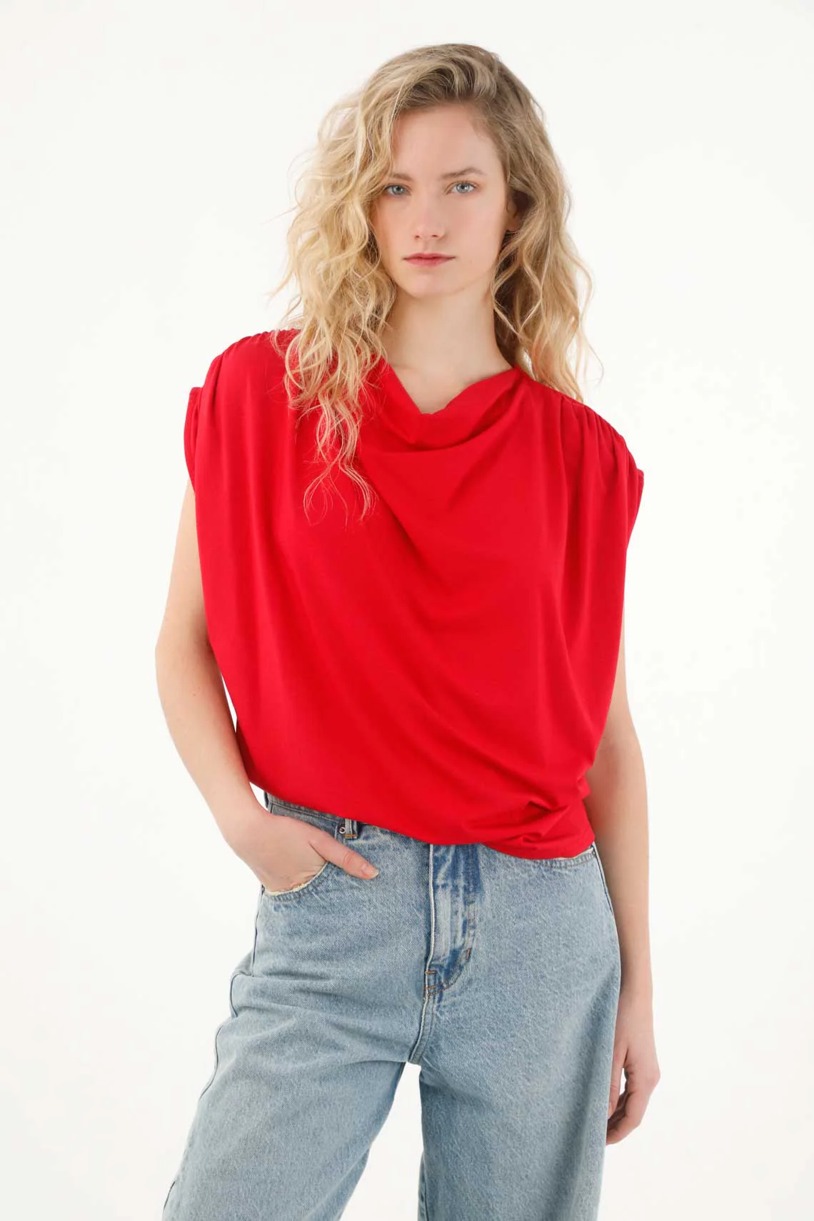 Red Draped T-Shirt for Women
