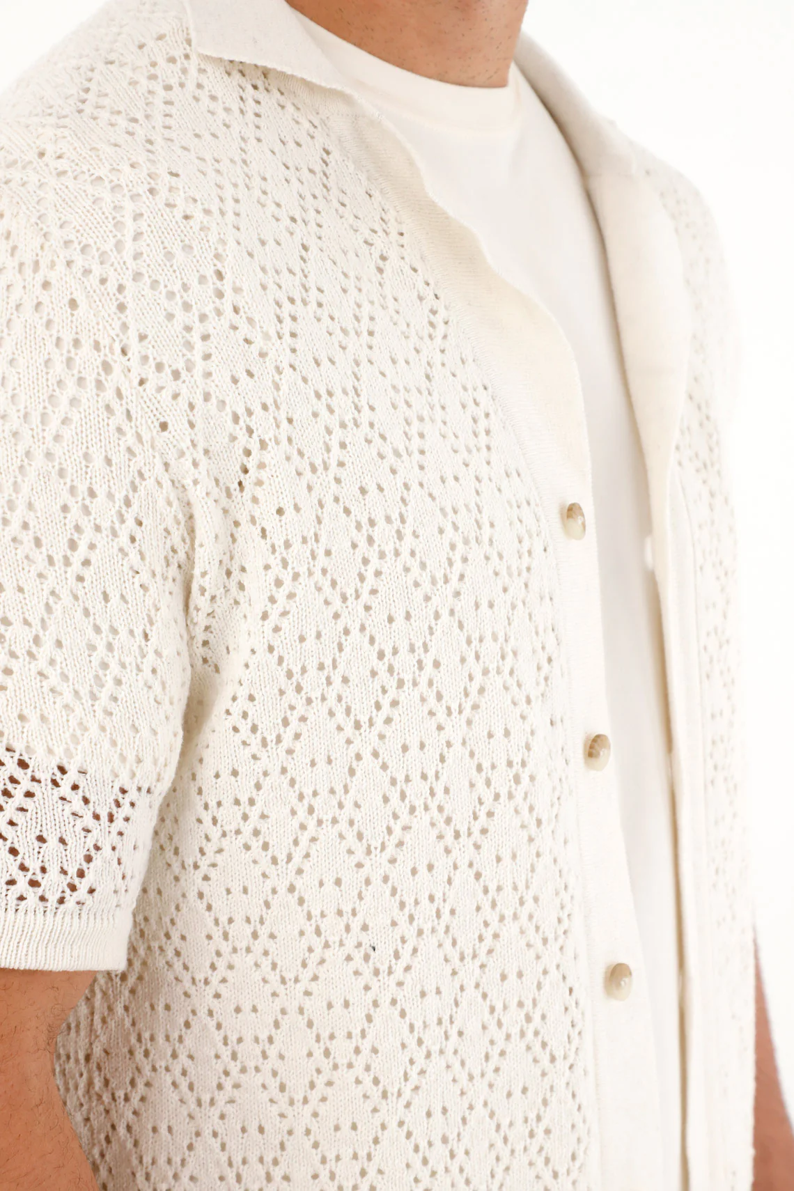 Men's Cream Open Knit T-Shirt - Image 3