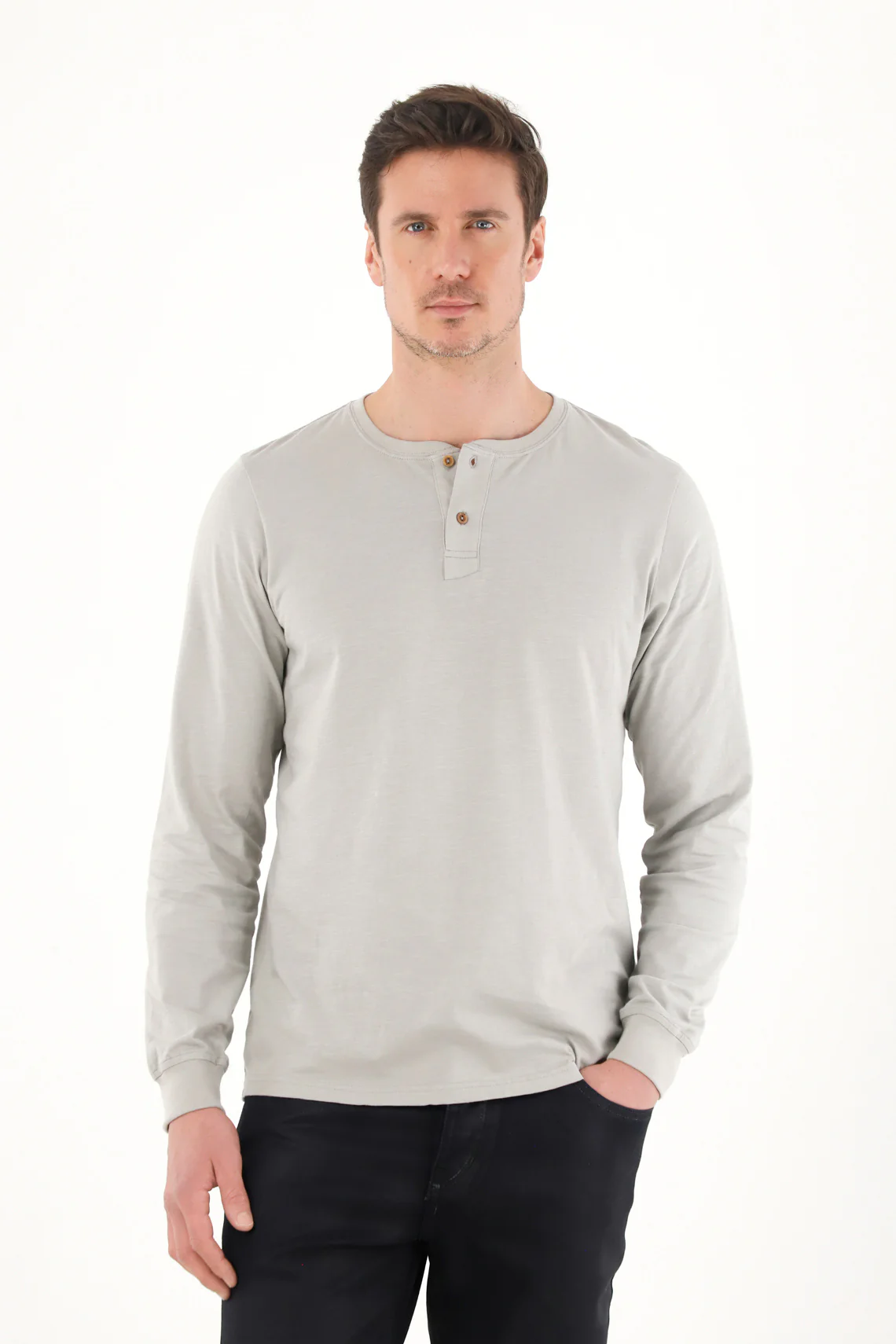 Gray Long Sleeve Button Collar T-Shirt for Men