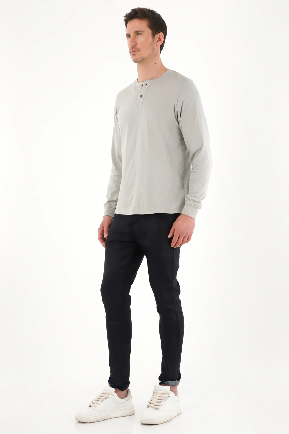 Gray Long Sleeve Button Collar T-Shirt for Men - Image 2