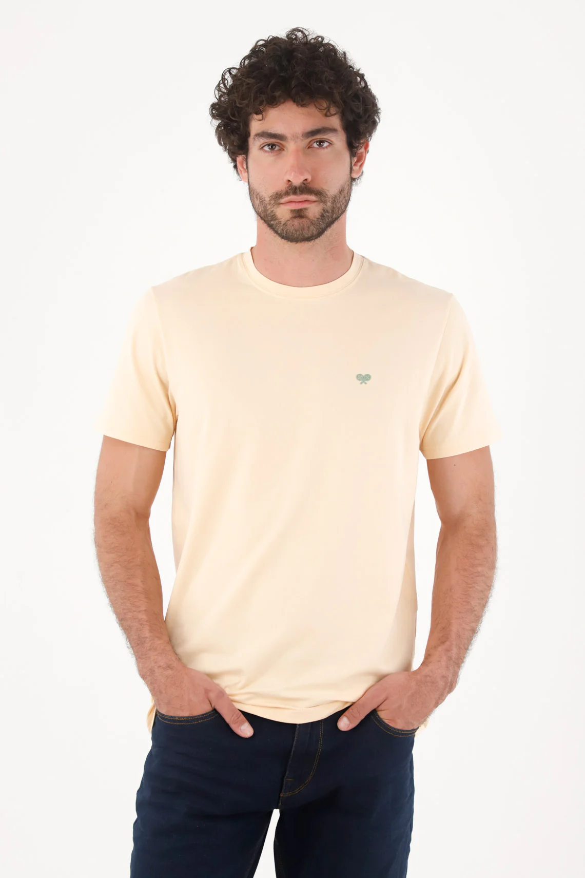Light Beige Regular Fit Cotton T-Shirt for Men with Mini Rackets on the Chest - Image 3