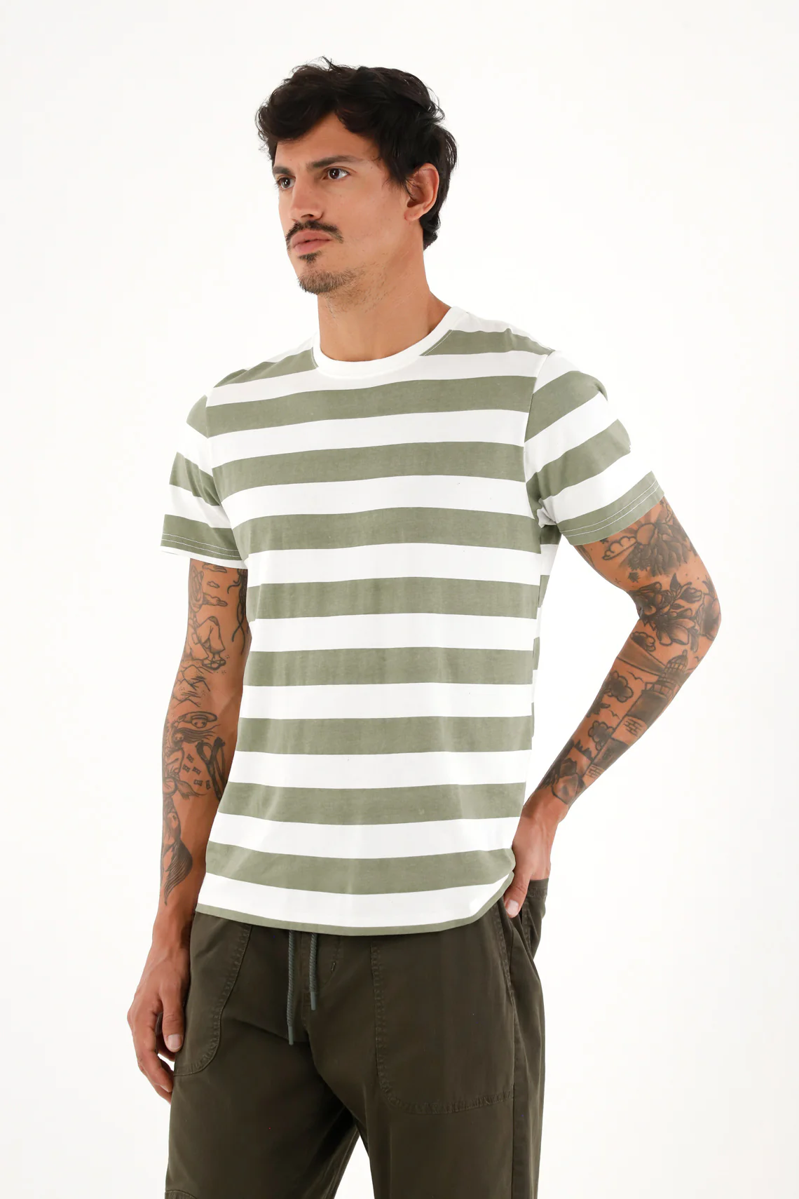 Green Striped Graphic Tee for Men