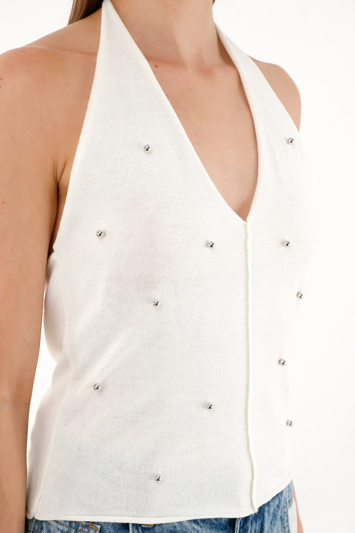 Women's off-white woven t-shirt with shine appliqués - Image 2