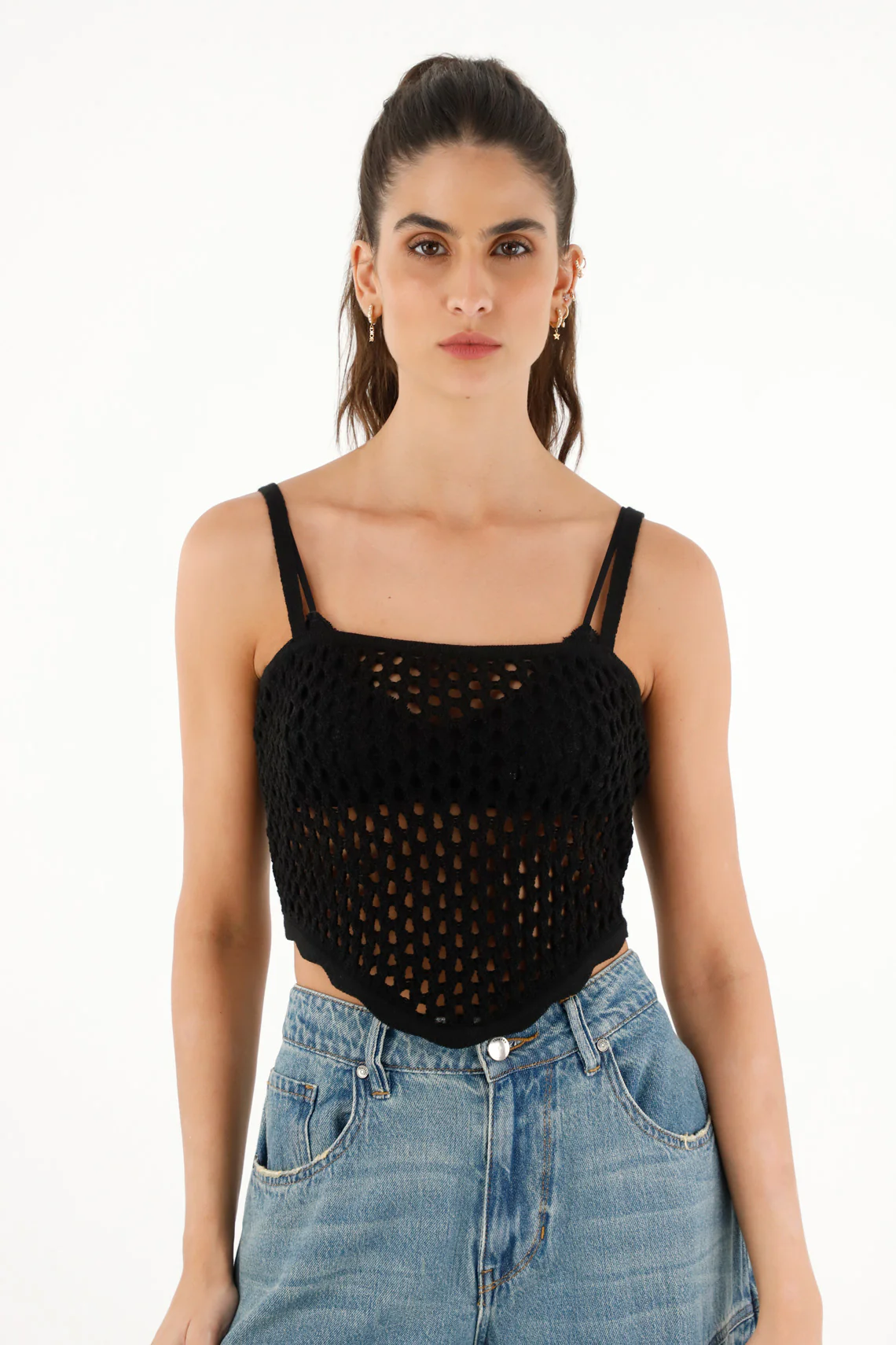 Women's black woven scarf-style t-shirt