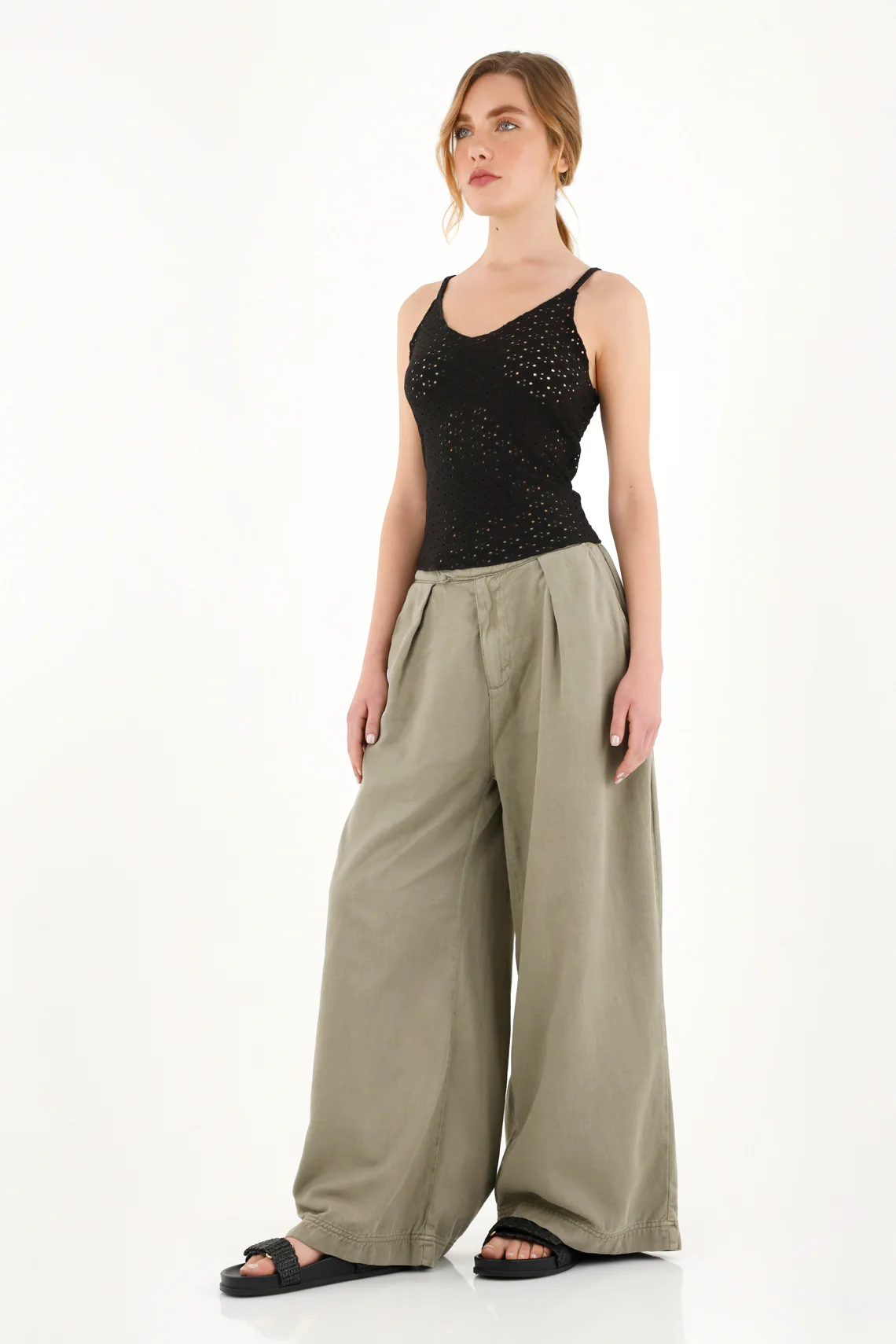 Women's black eyelet fabric t-shirt - Image 2