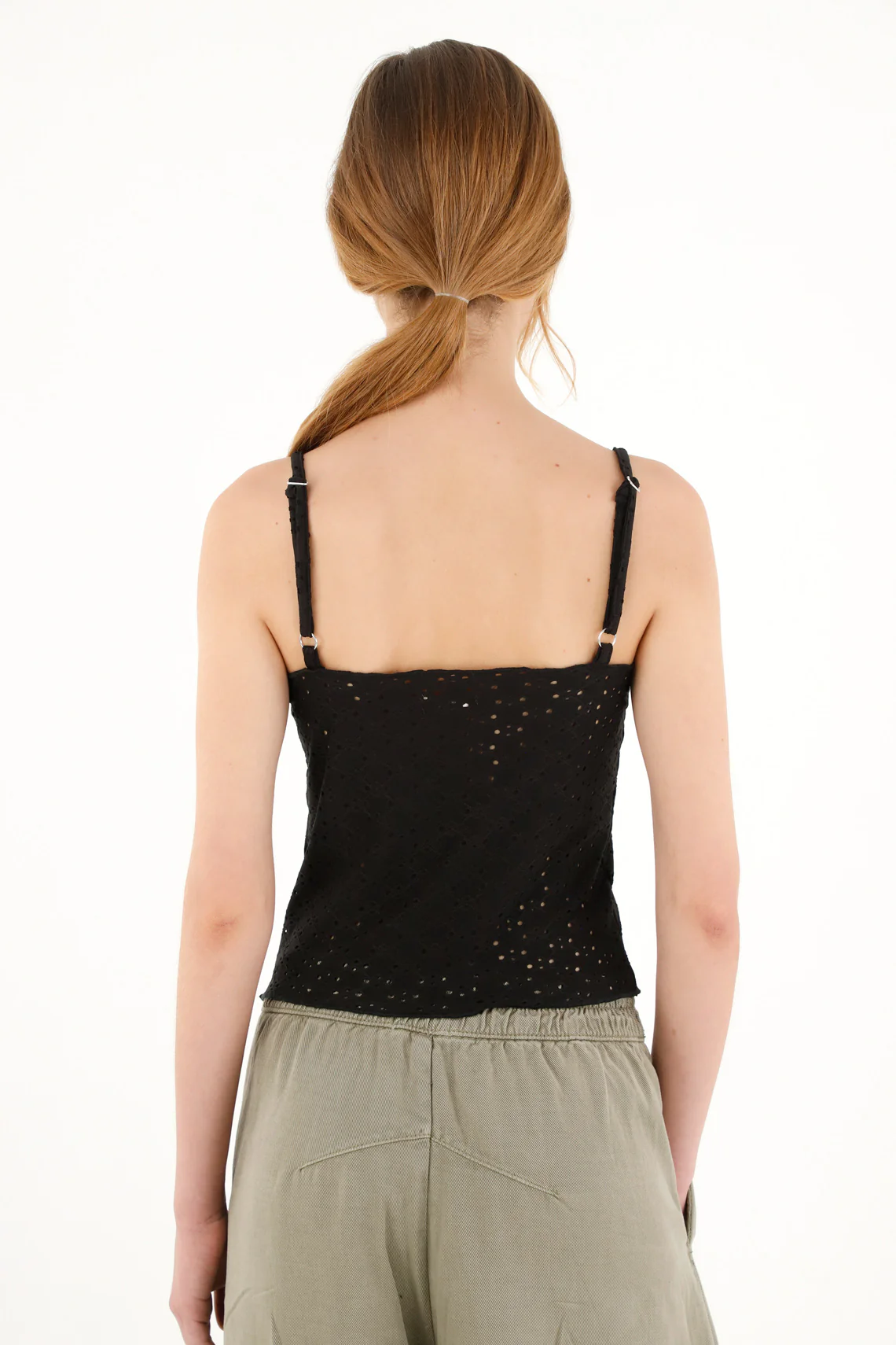 Women's black eyelet fabric t-shirt - Image 4