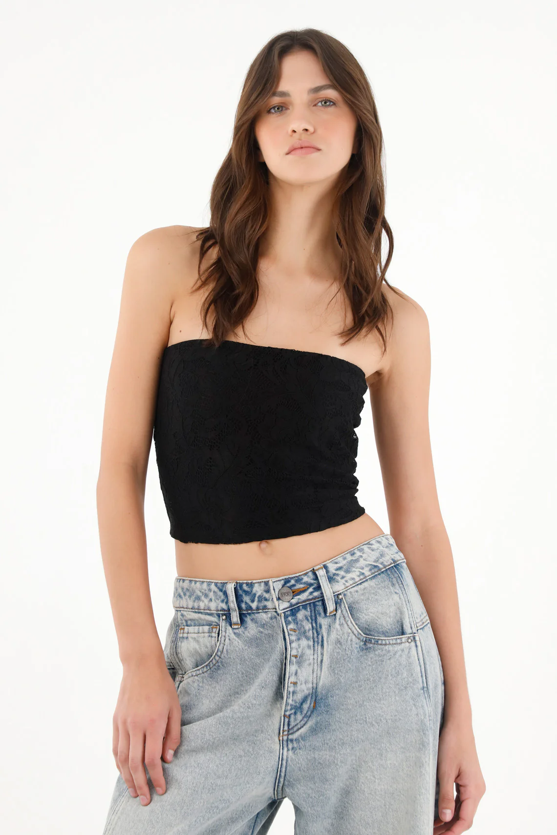 Women's black lace strapless crop top