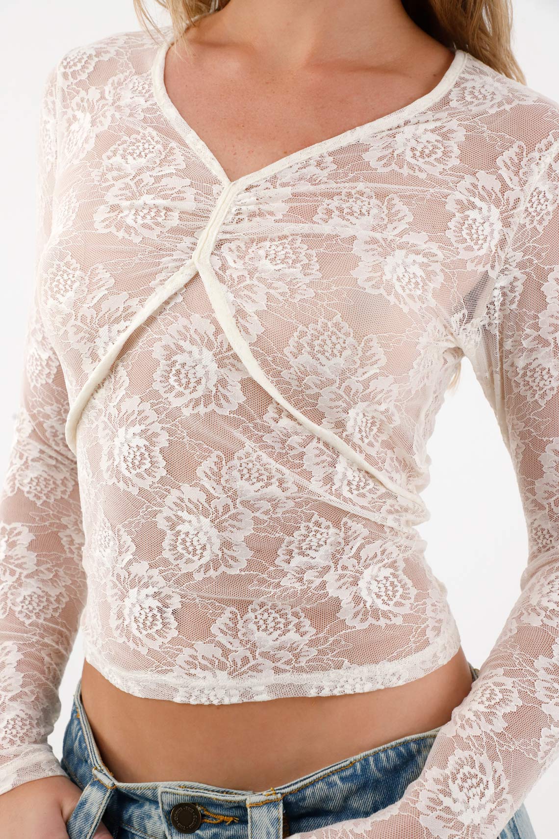 Women's Long Sleeve Lace Top in Cream - Image 2