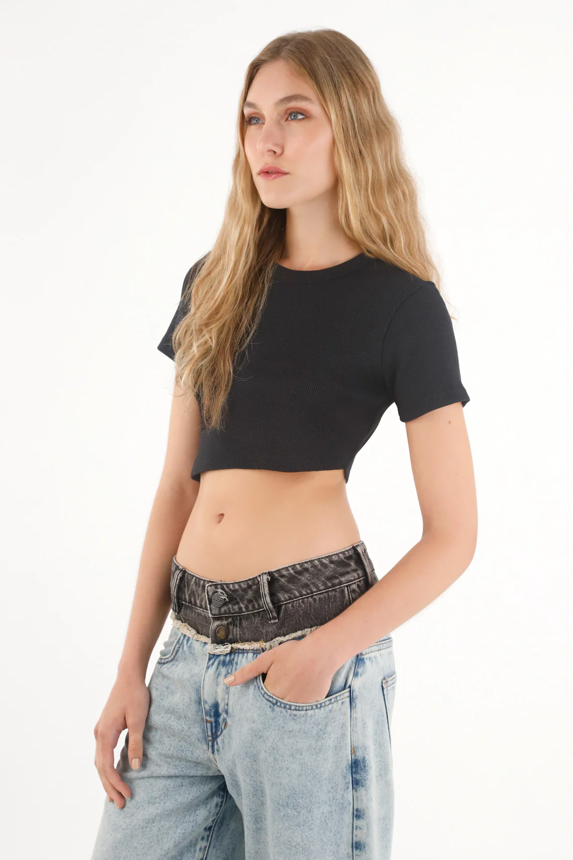 Women's Black Ribbed Short Sleeve T-shirt - Image 2