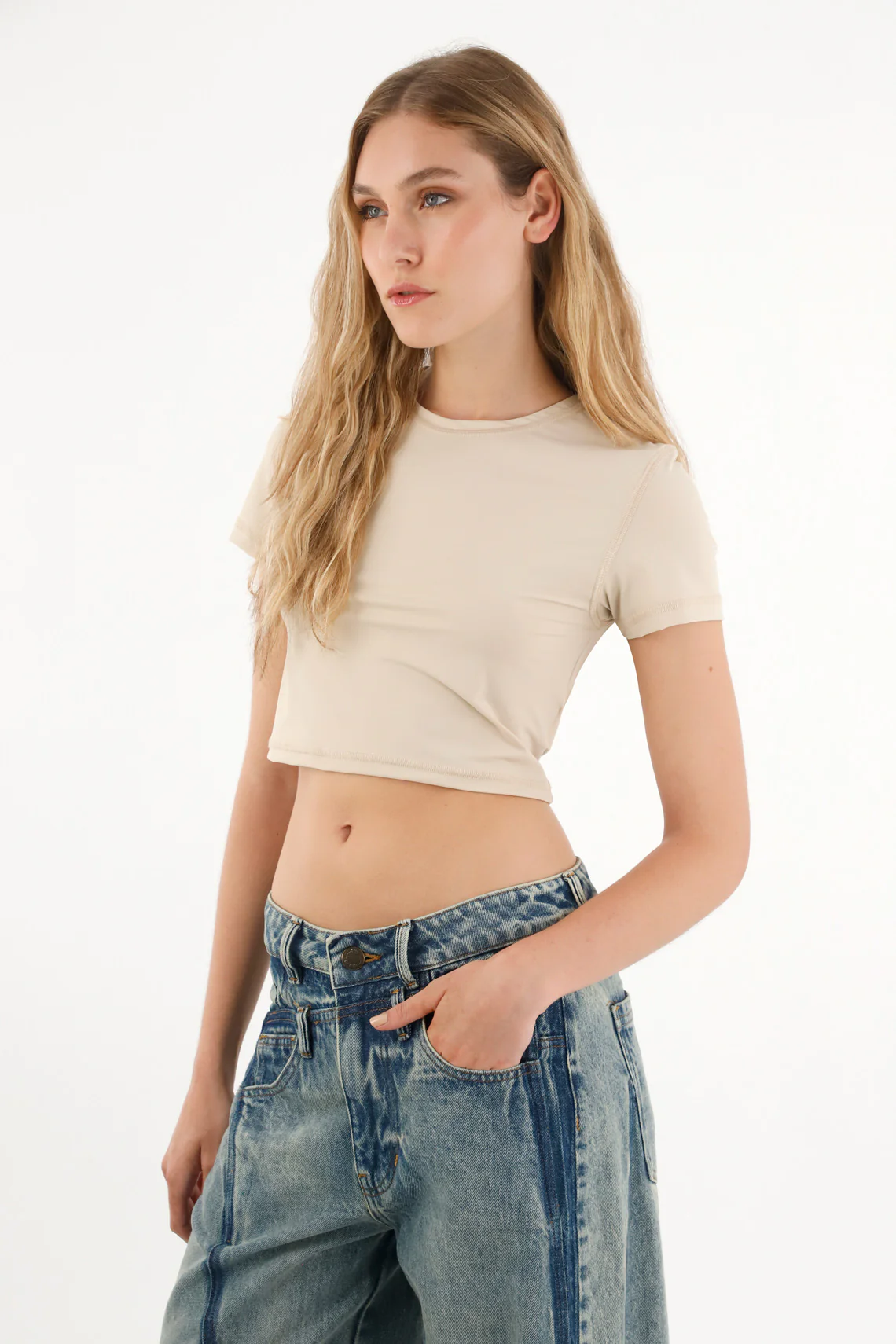 Women's Fitted Crop Top in Cream - Image 2