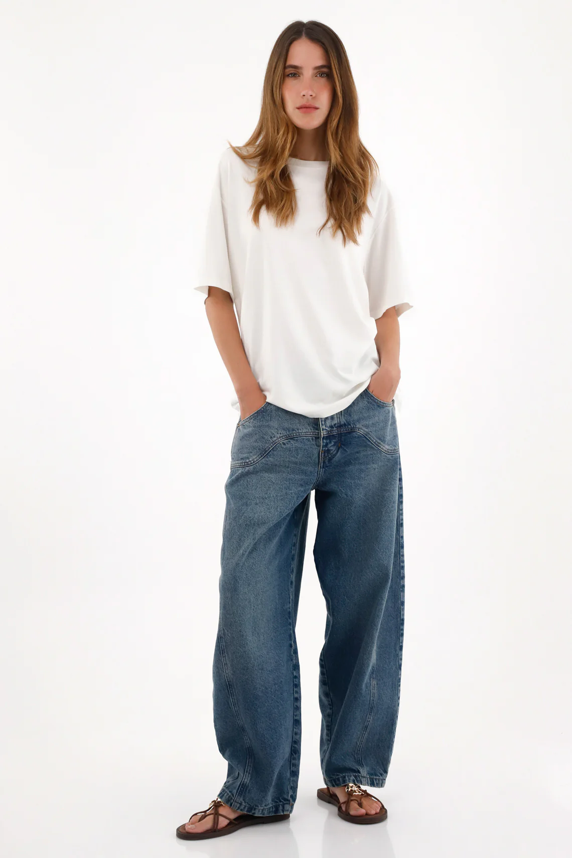 Women's Oversized White Ribbed Collar T-Shirt
