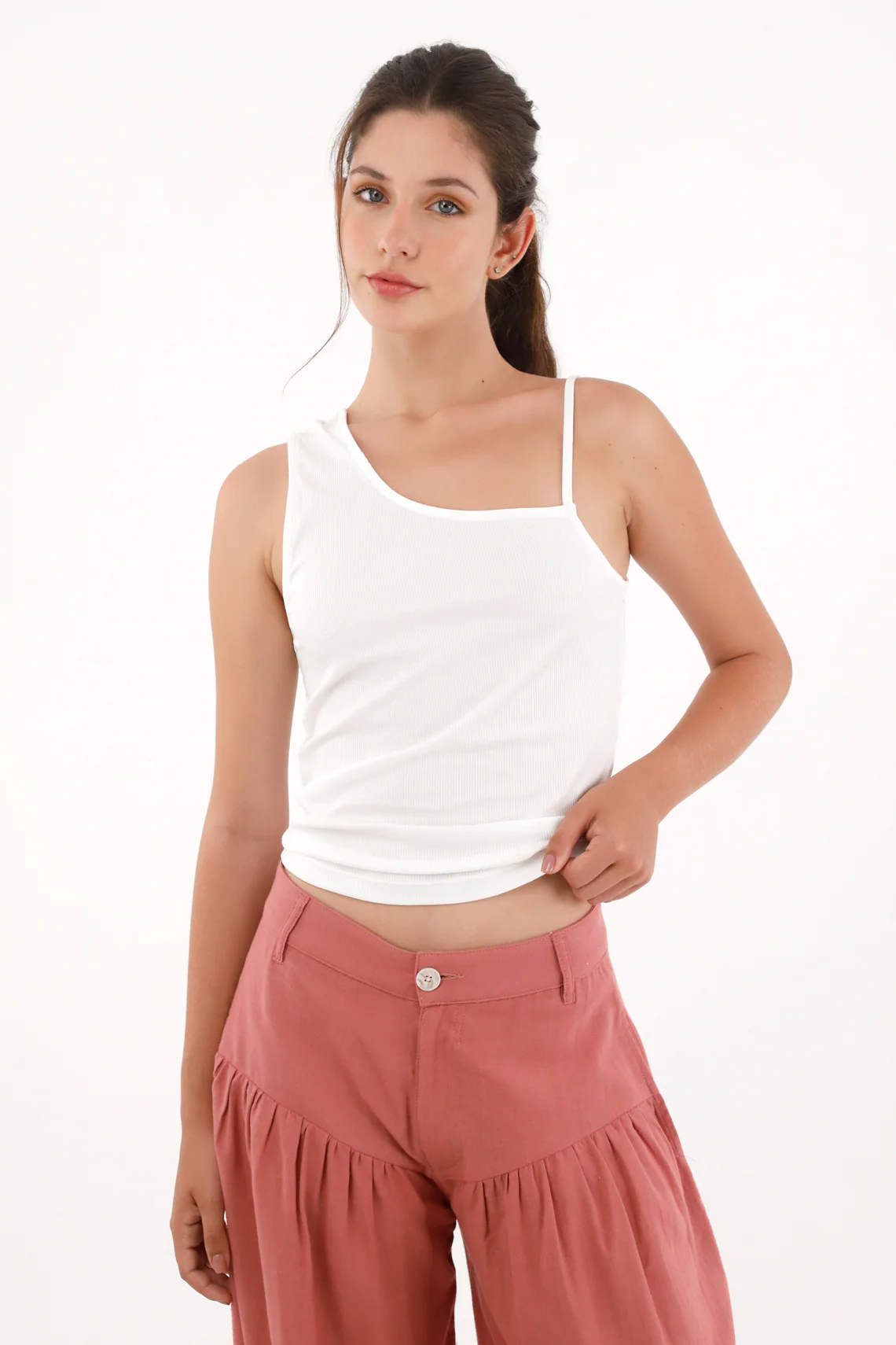 Women's White Asymmetrical Strap Top