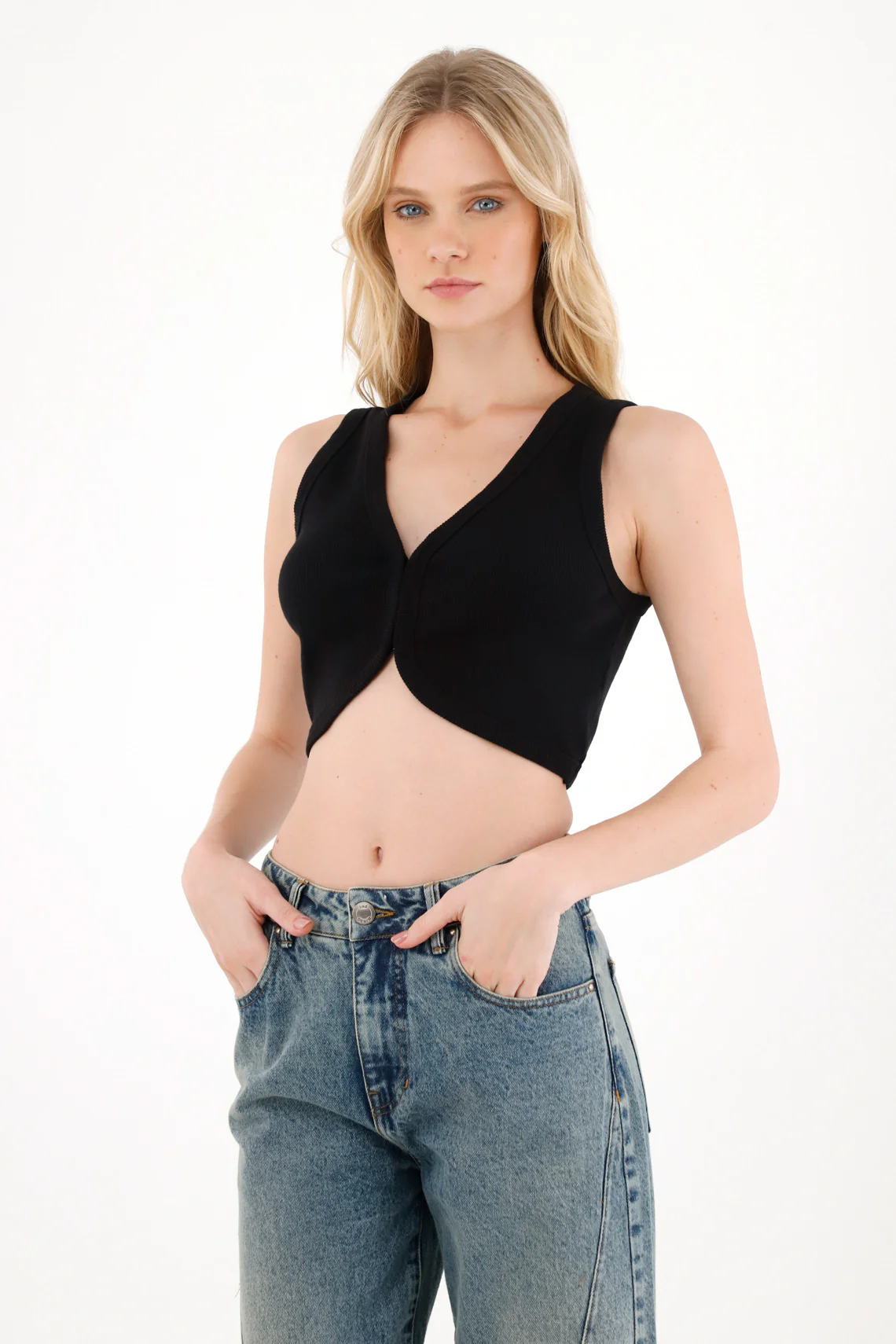 Women's Black Ribbed Crop Top with Snap Closure - Image 2