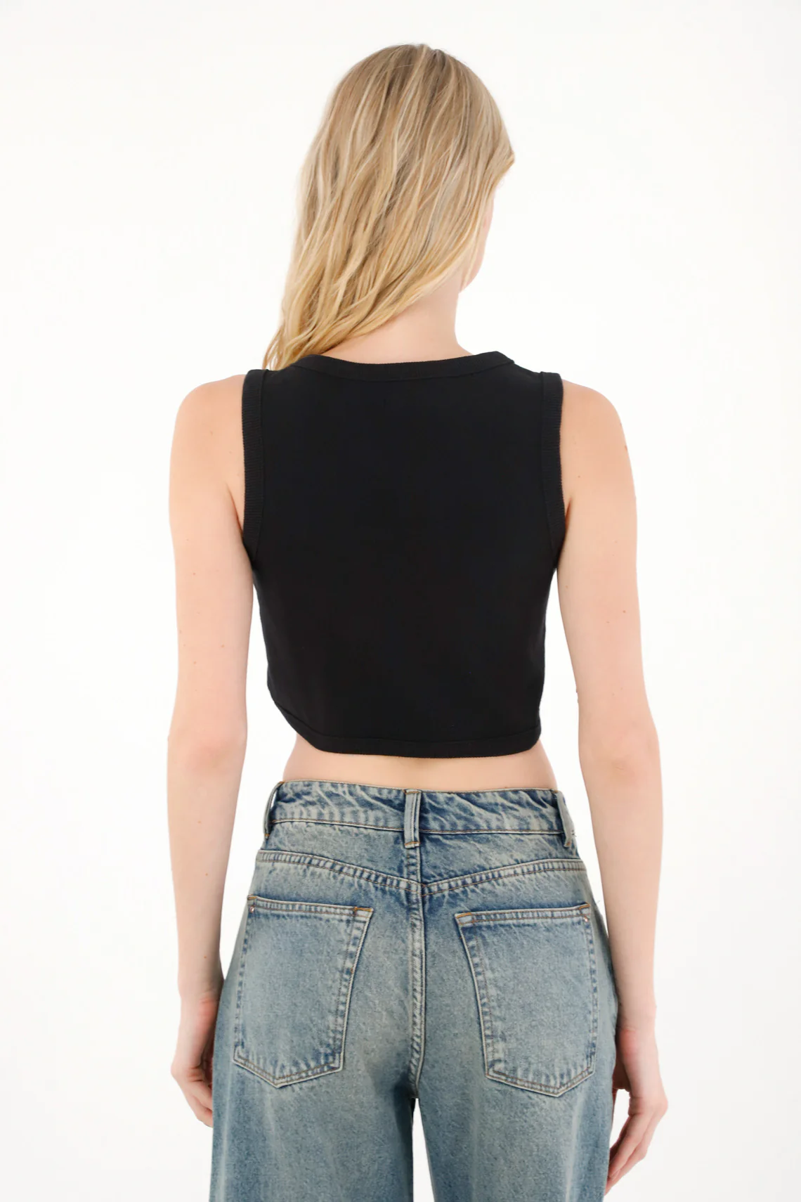 Women's Black Ribbed Crop Top with Snap Closure - Image 4