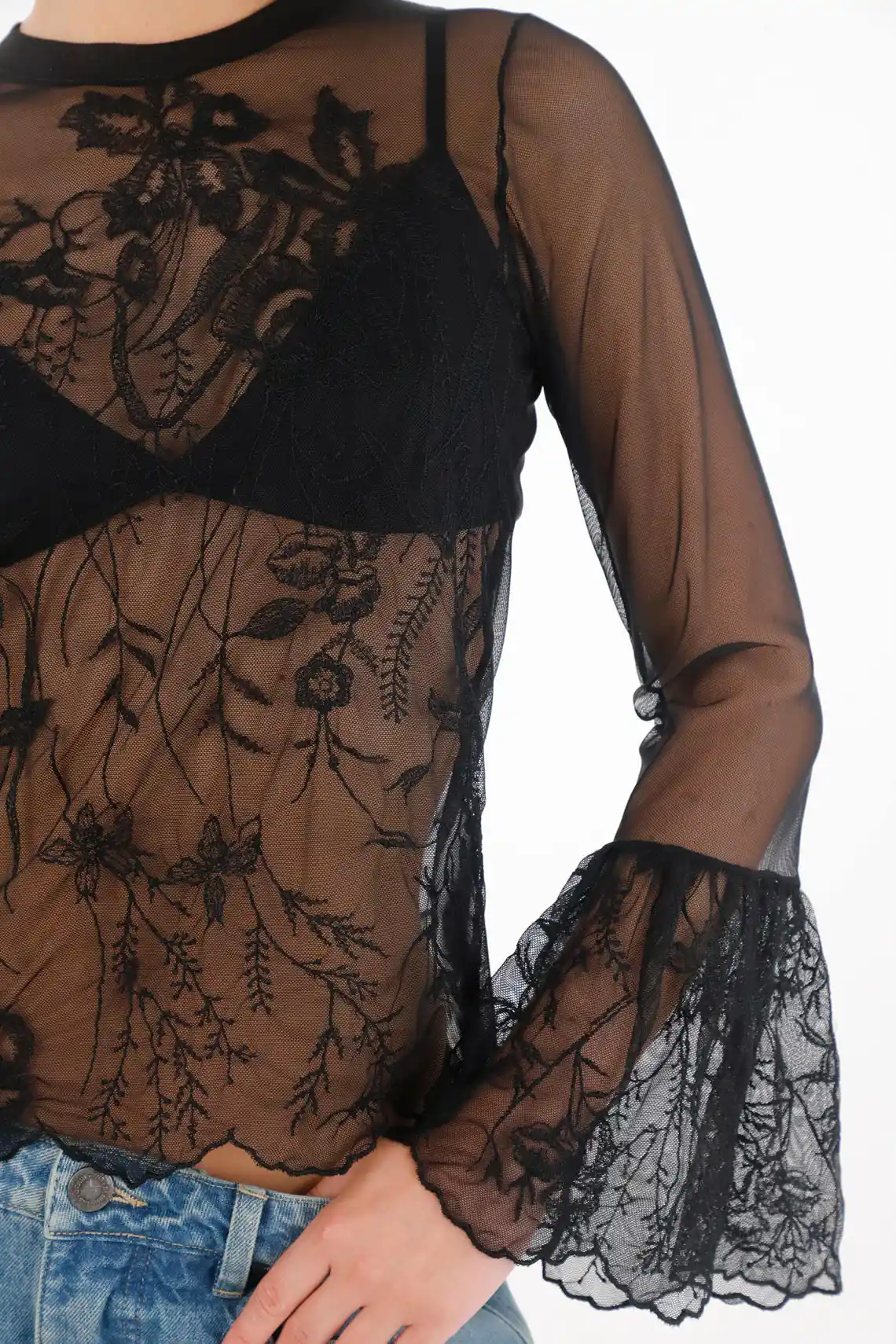 Black Mesh Embroidered Fabric T-Shirt for Women - Image 5