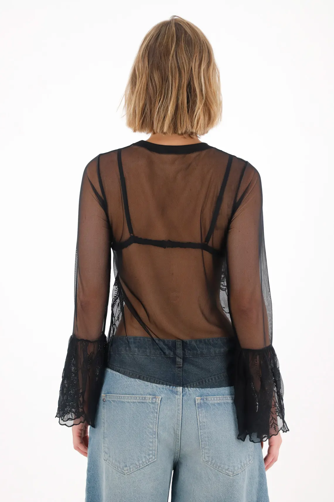 Black Mesh Embroidered Fabric T-Shirt for Women - Image 6