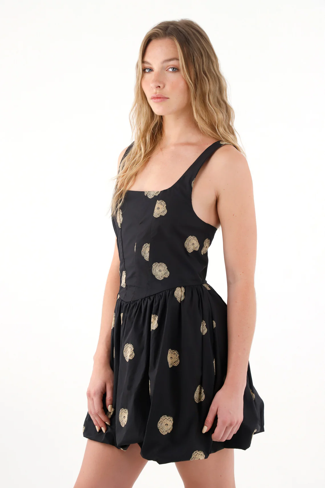 Short Balloon Skirt Dress with Embossed Flowers for Women
