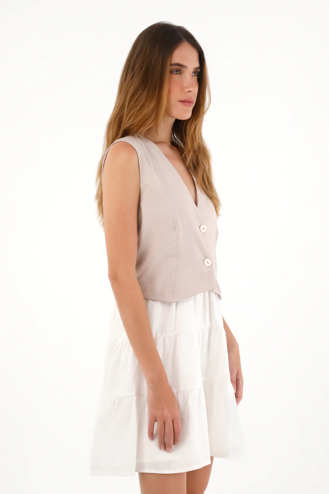 Women's Short Cream V-Neck Dress - Image 2