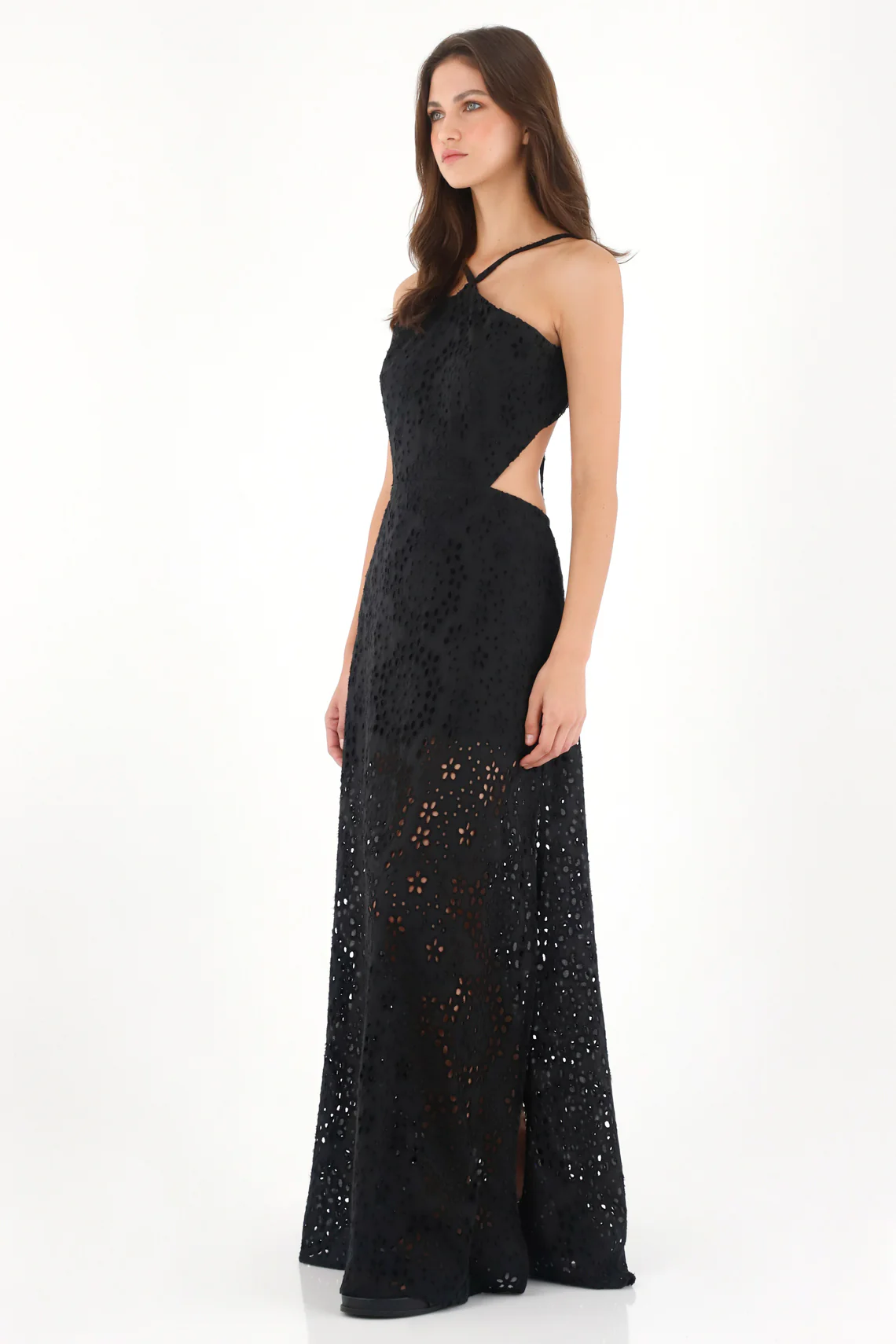 Women's long halter neck dress in black eyelet fabric - Image 3