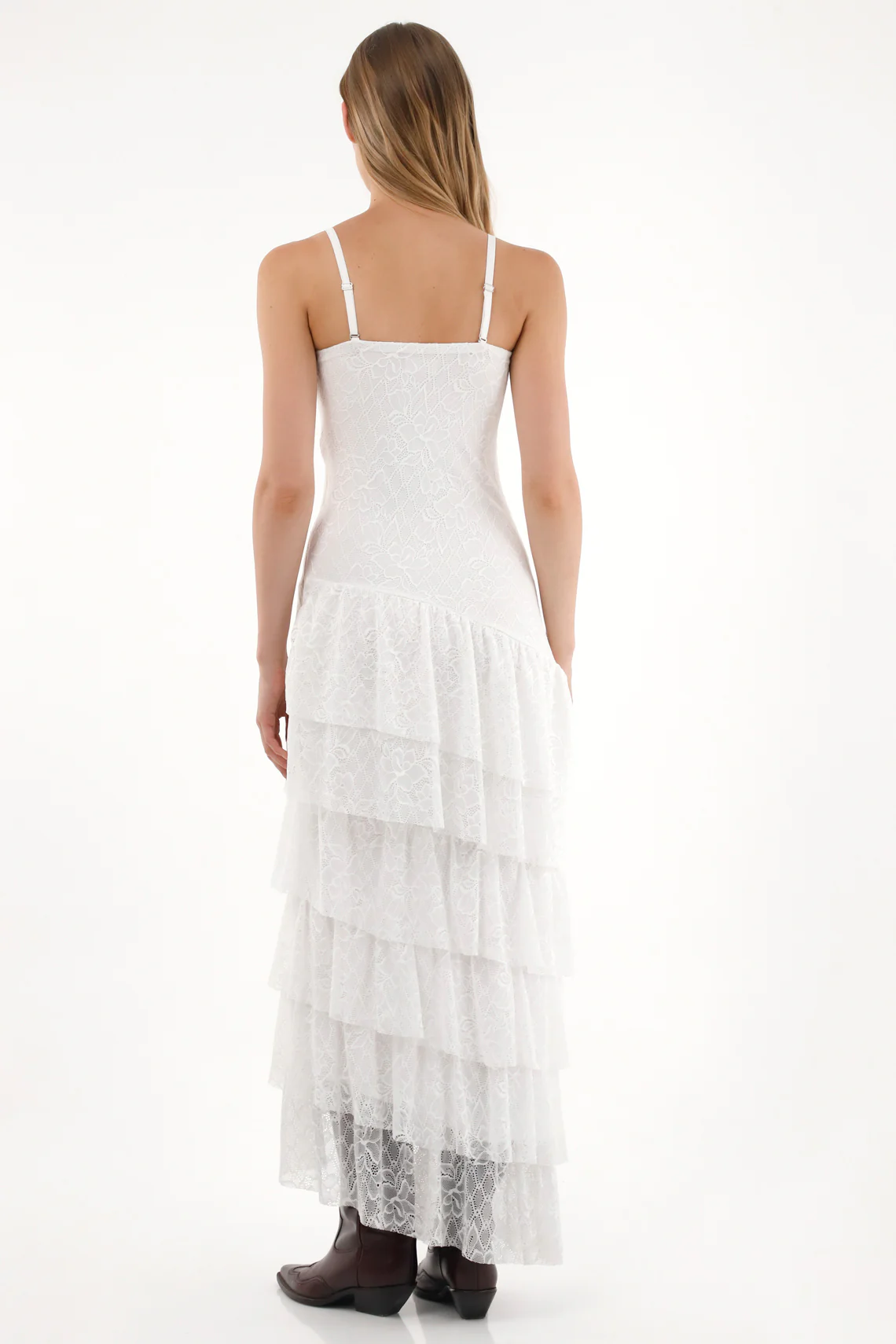 Women's Long Lace Dress with Ruffles in Off-White - Image 4