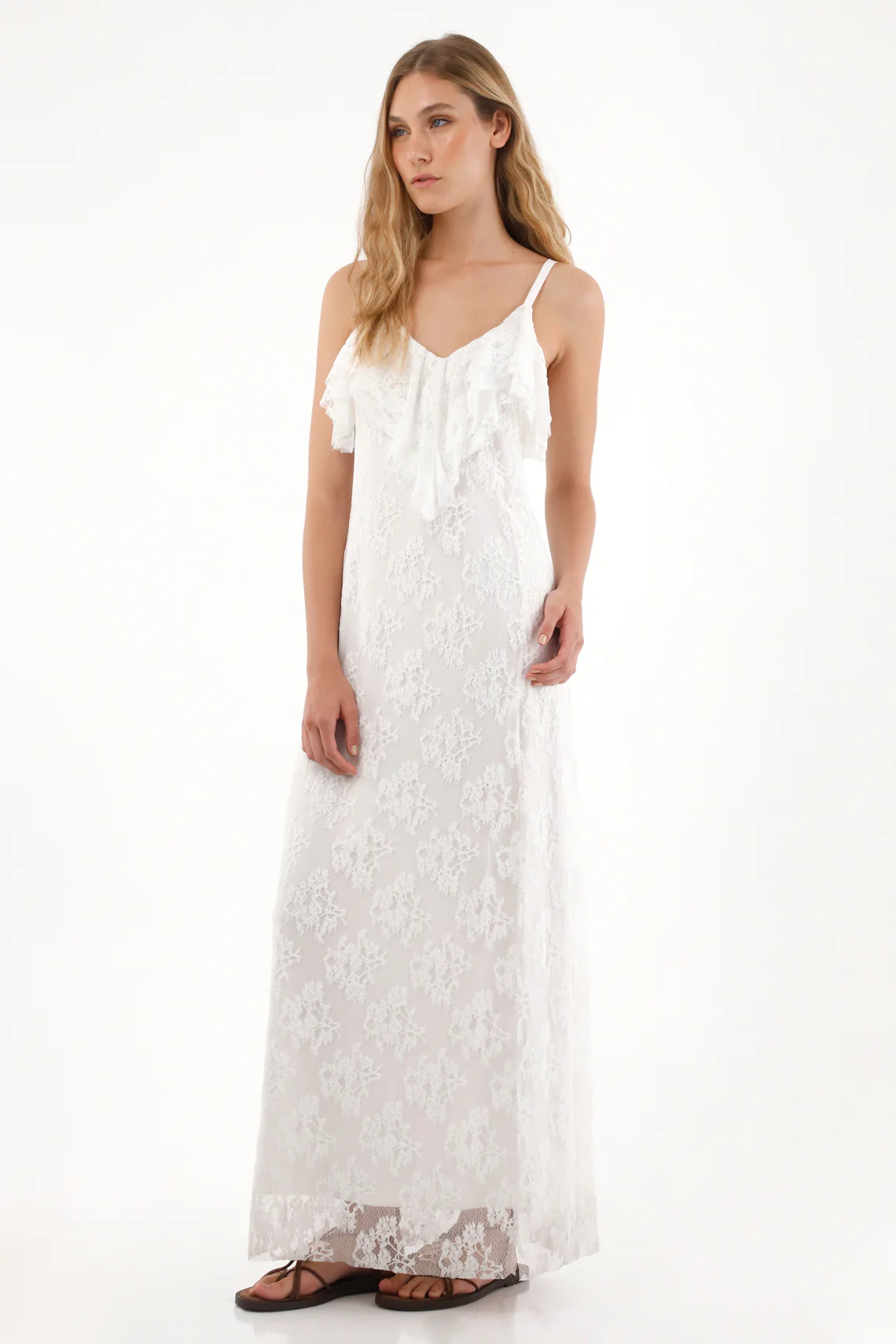 Women's Long Lace Dress with V-Neck in Crudo - Image 2