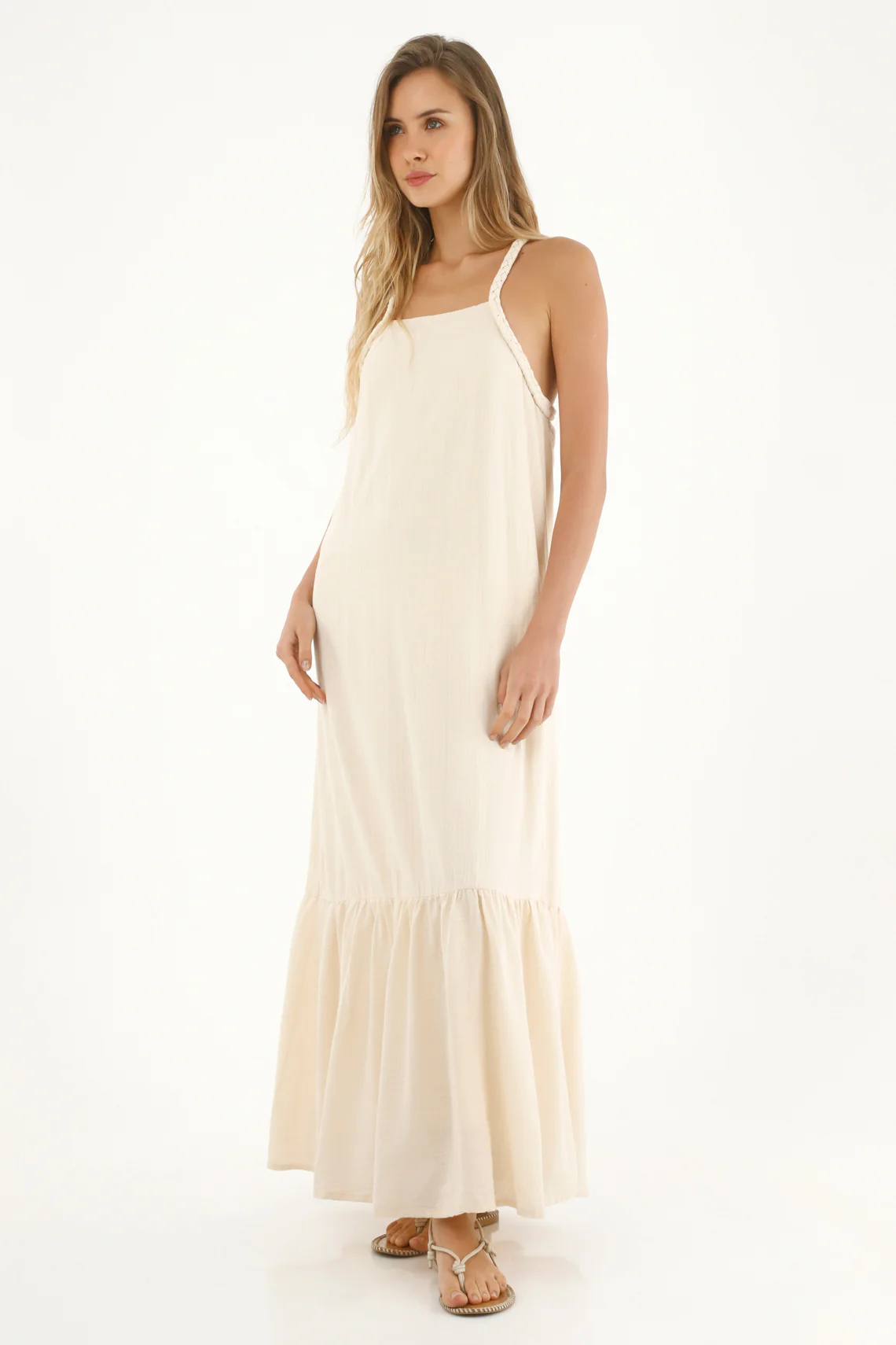 Women's Long Textured Fabric Dress in Cream - Image 2