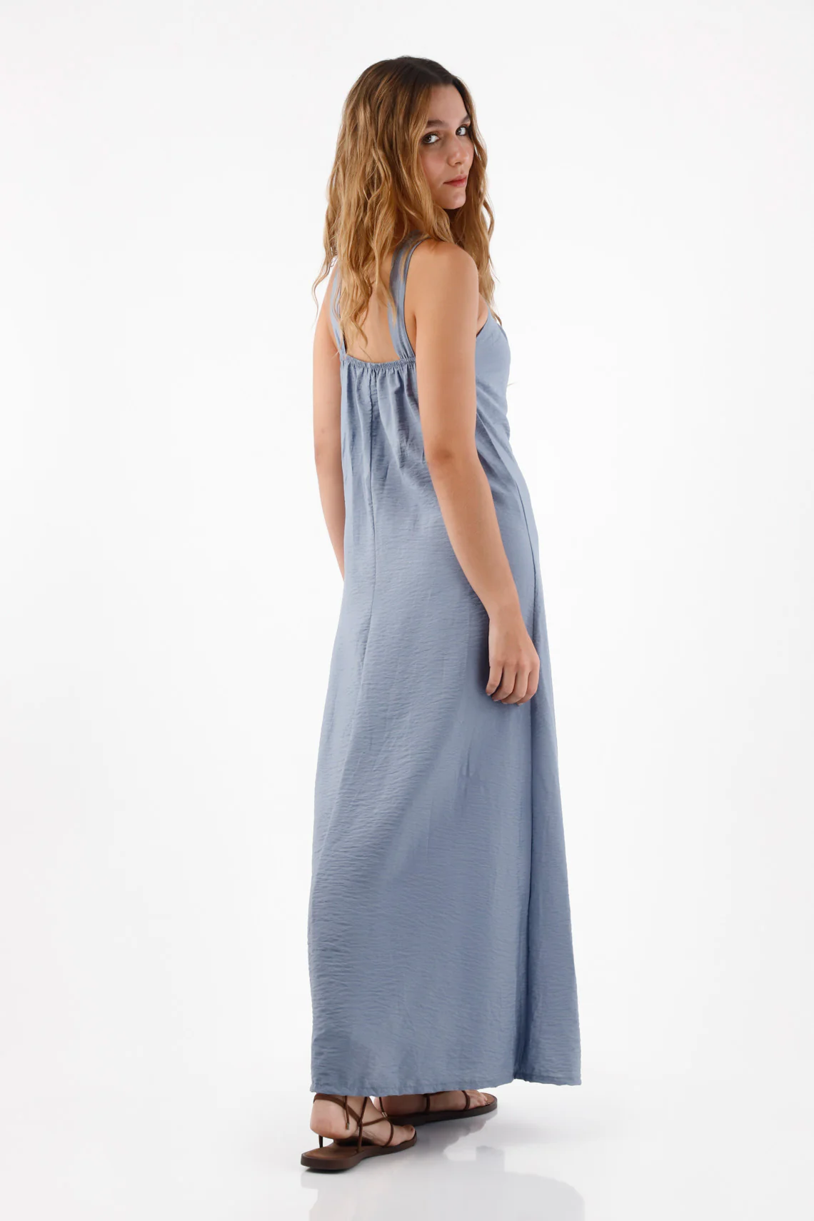 Relaxed Blue Smoke Viscose Dress with Tied Halter Neck for Women - Image 5