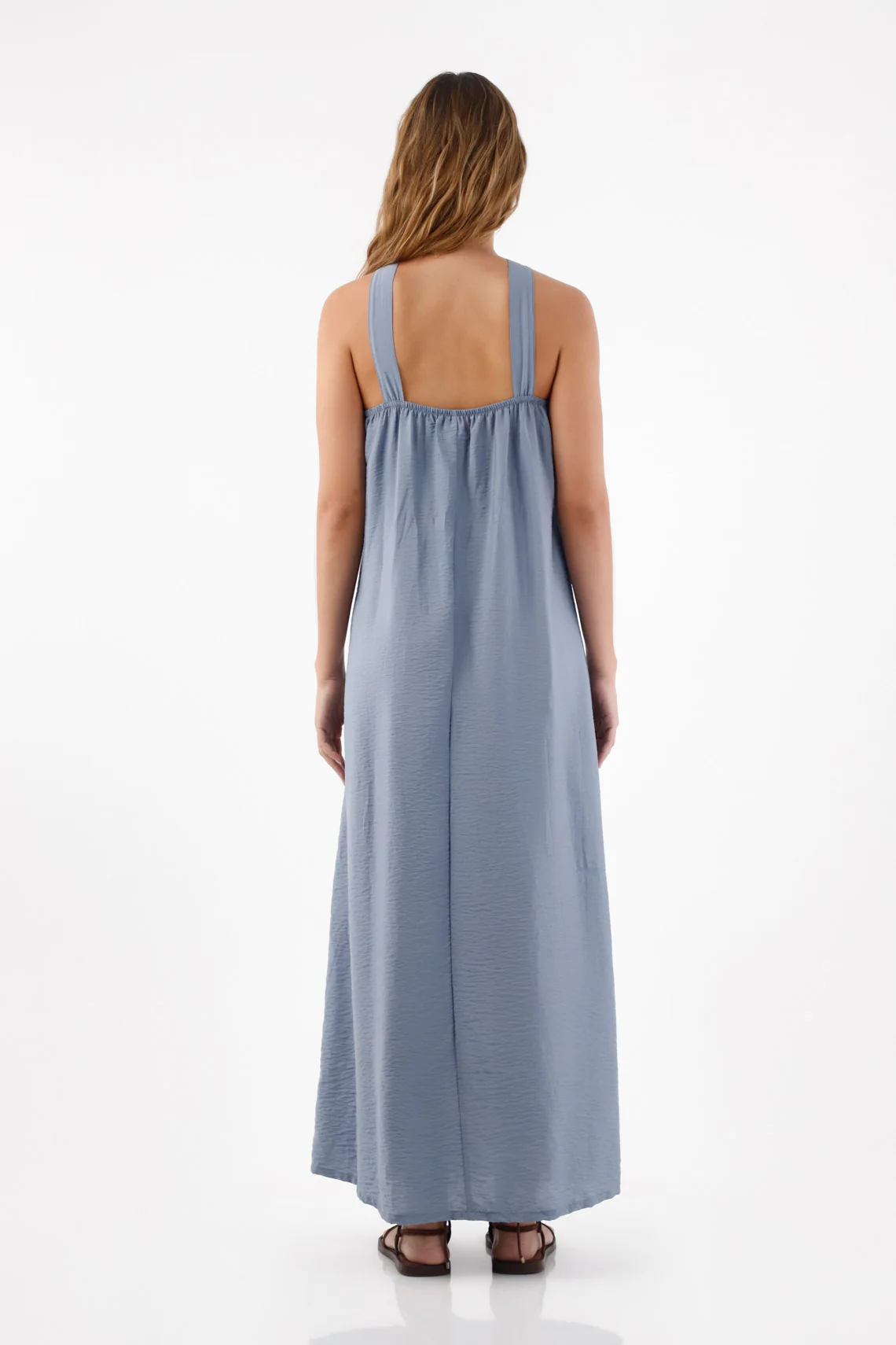 Relaxed Blue Smoke Viscose Dress with Tied Halter Neck for Women - Image 7
