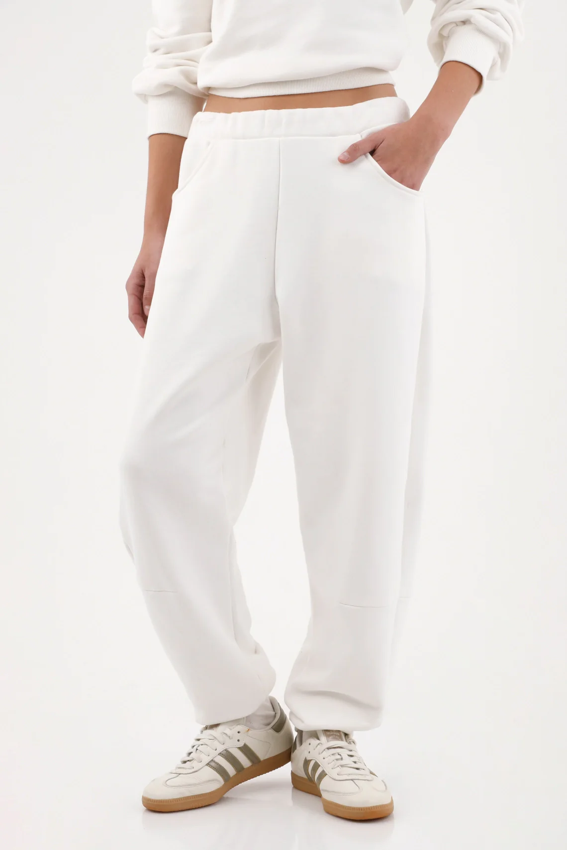 White Relaxed Fit Cotton Pants for Women with Curved Pockets
