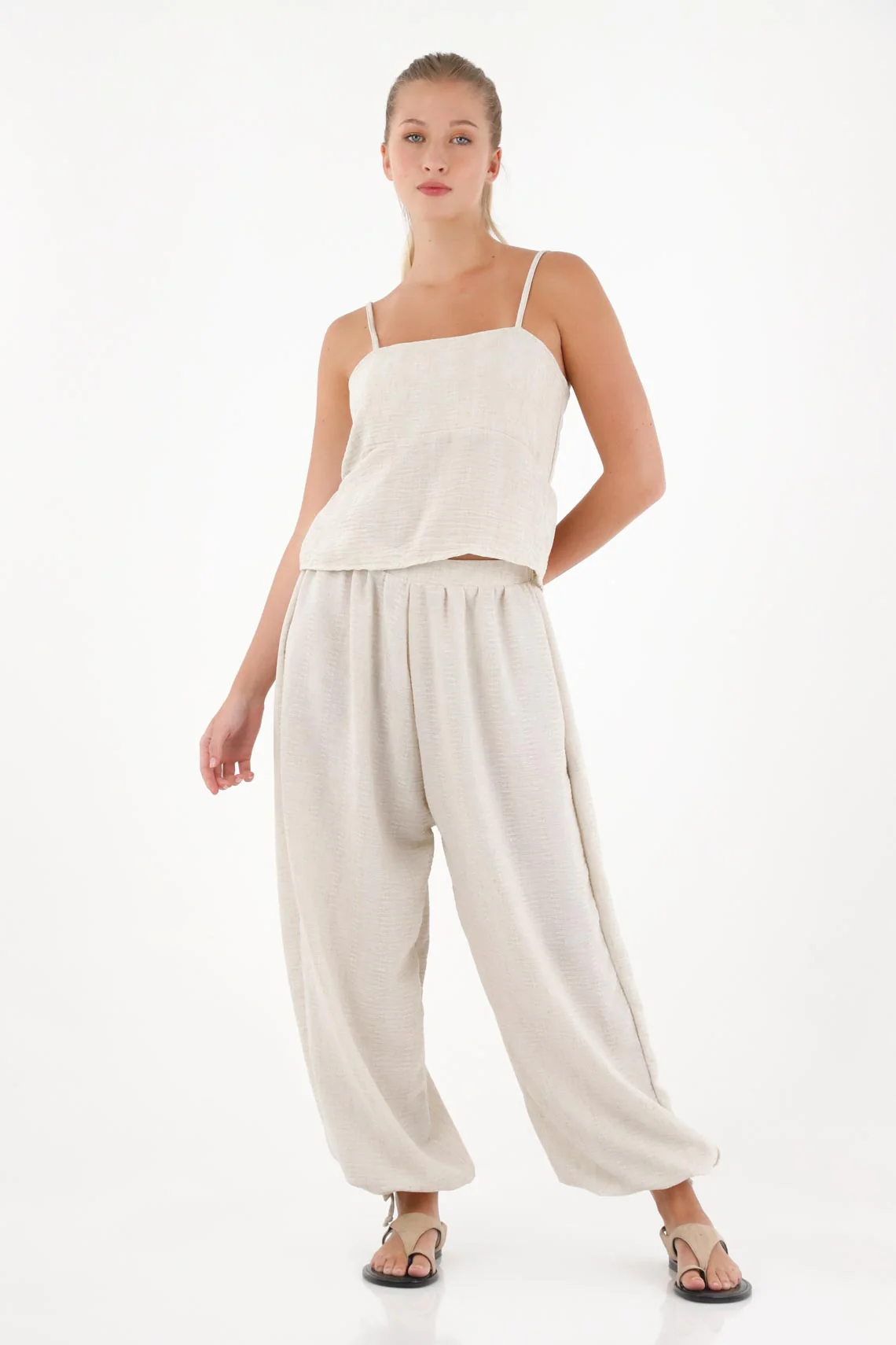 Wide Fit Women's Trousers in Off-White Polyester