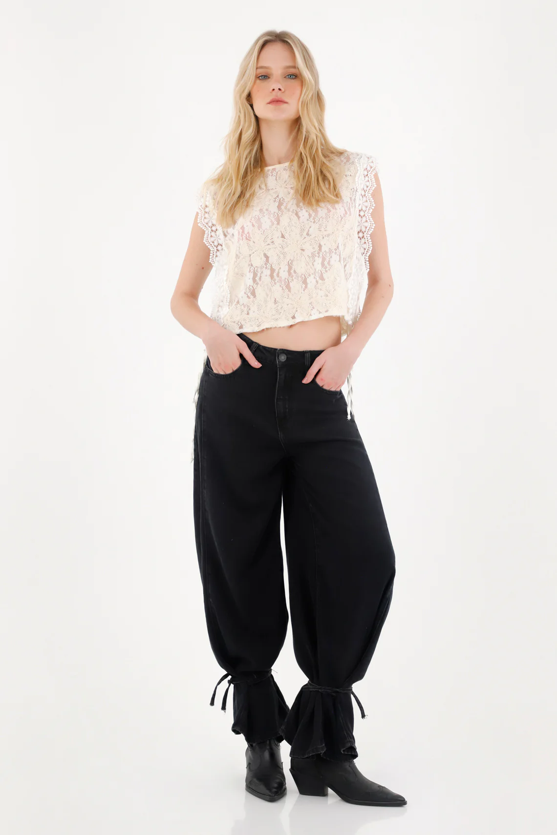 Wide Leg Jeans with Tie Detail in Black for Women