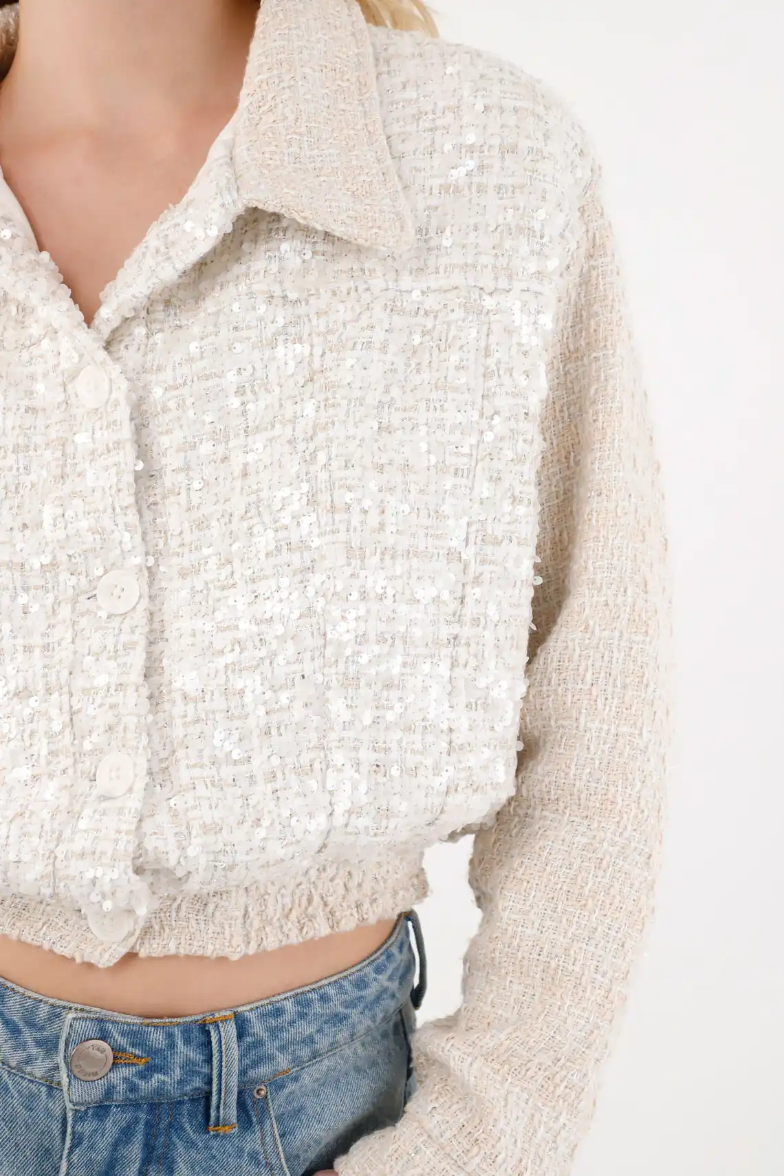 Women"s Cropped Shimmering Tweed Polyester Coat - Image 4