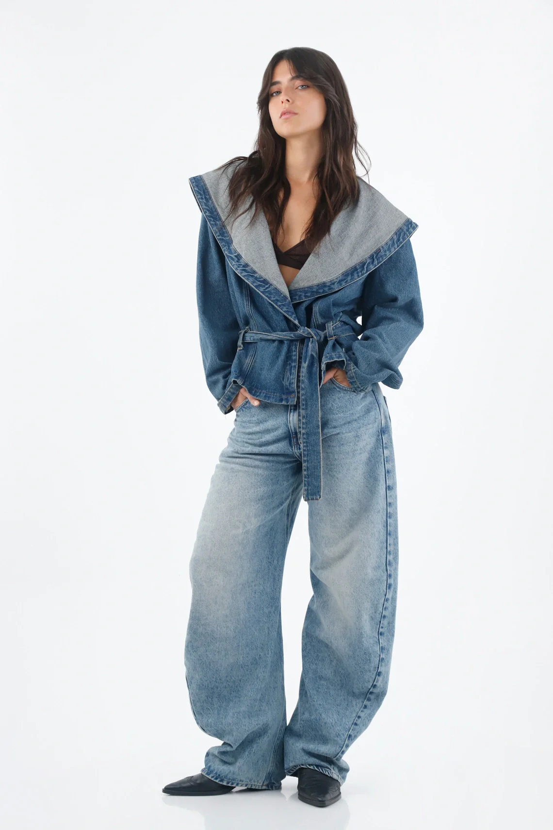 Women's Loose Light Blue Cotton Jacket with Wide Collar