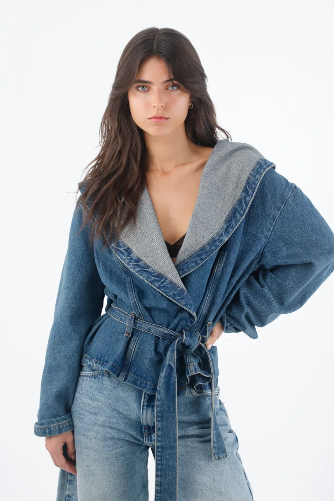Women's Loose Light Blue Cotton Jacket with Wide Collar - Image 4