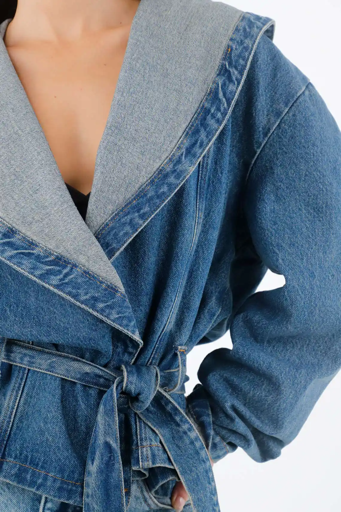 Women's Loose Light Blue Cotton Jacket with Wide Collar - Image 5