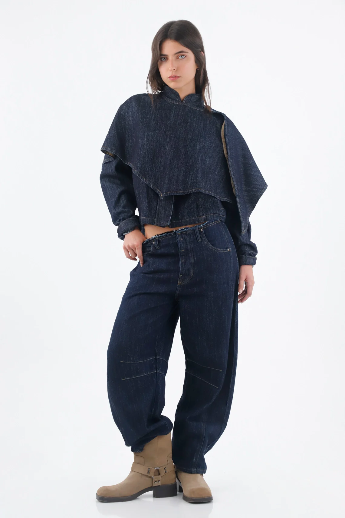 Short Indigo Cotton Jacket for Women with Cape