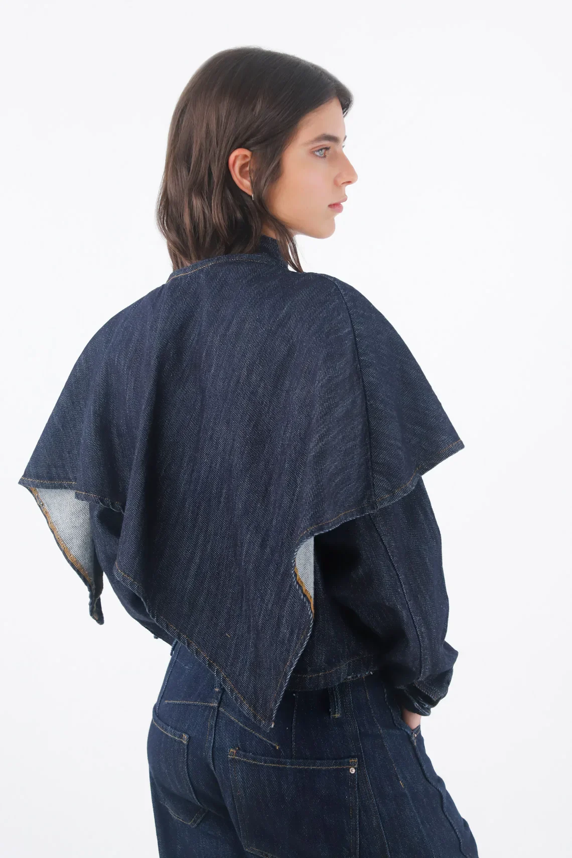 Short Indigo Cotton Jacket for Women with Cape - Image 4
