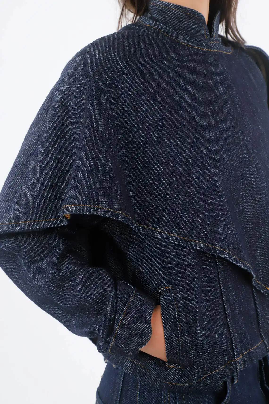 Short Indigo Cotton Jacket for Women with Cape - Image 5
