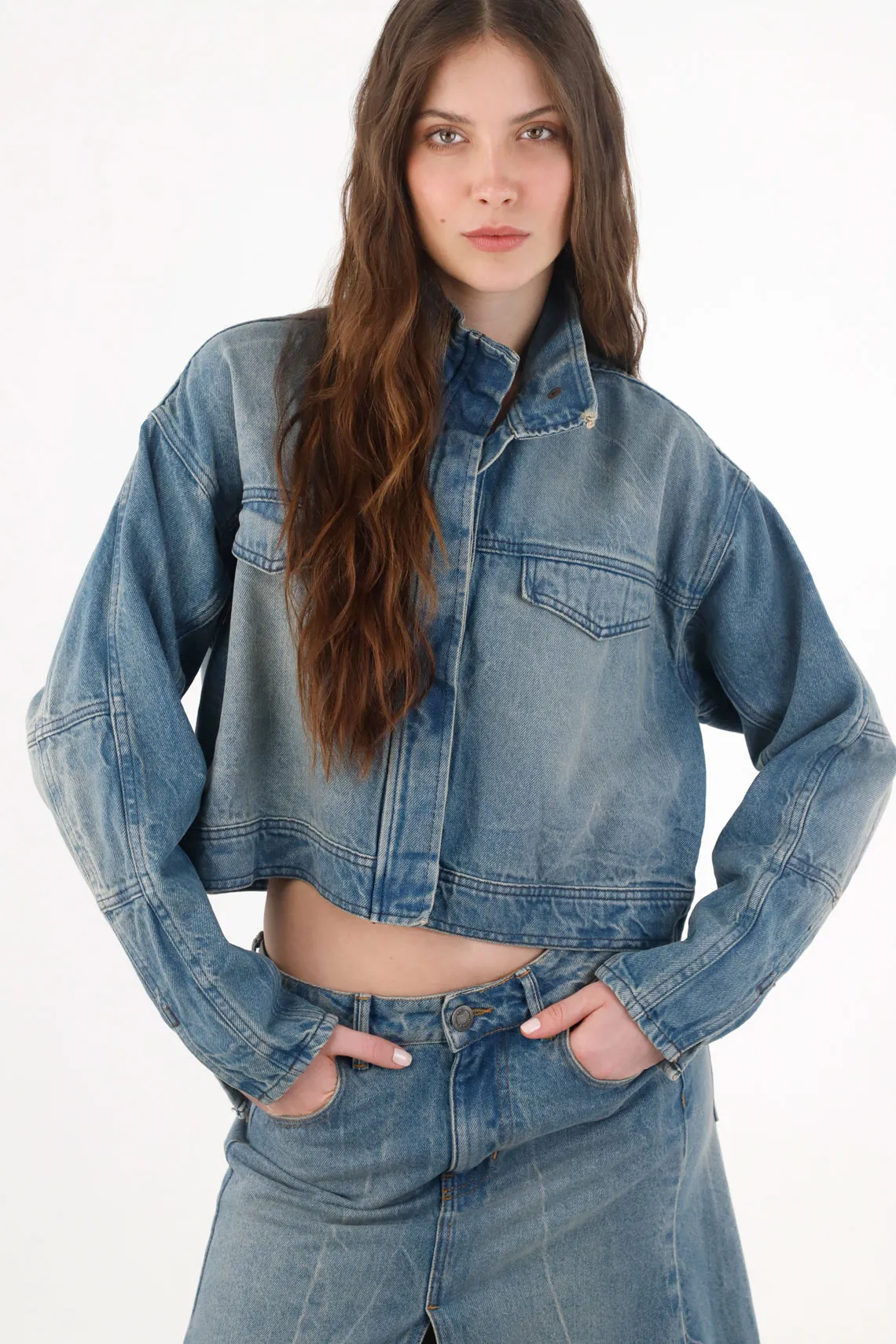 Boxy Cropped Women's Indigo Blue Cotton Jacket - Image 3