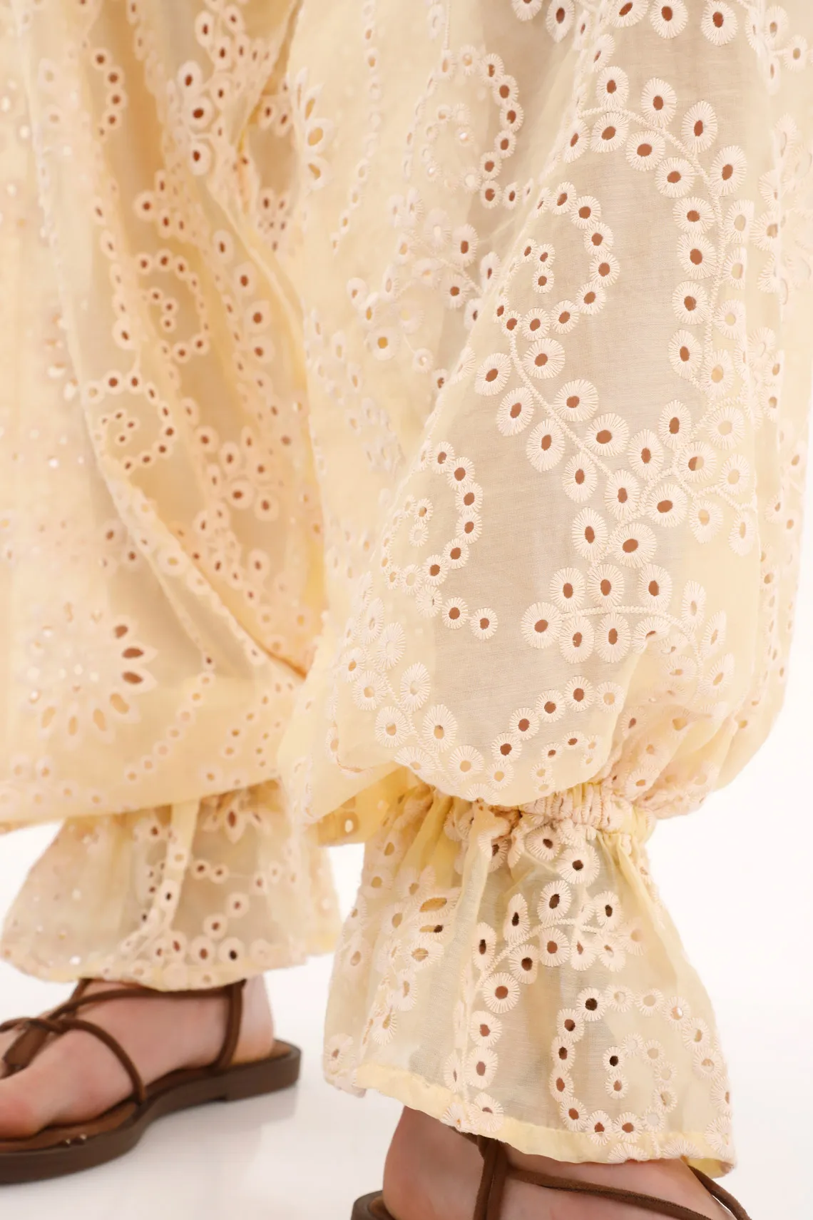 Pastel Yellow Wide Leg Lyocell Pants for Women with Cutwork Embroidery - Image 3