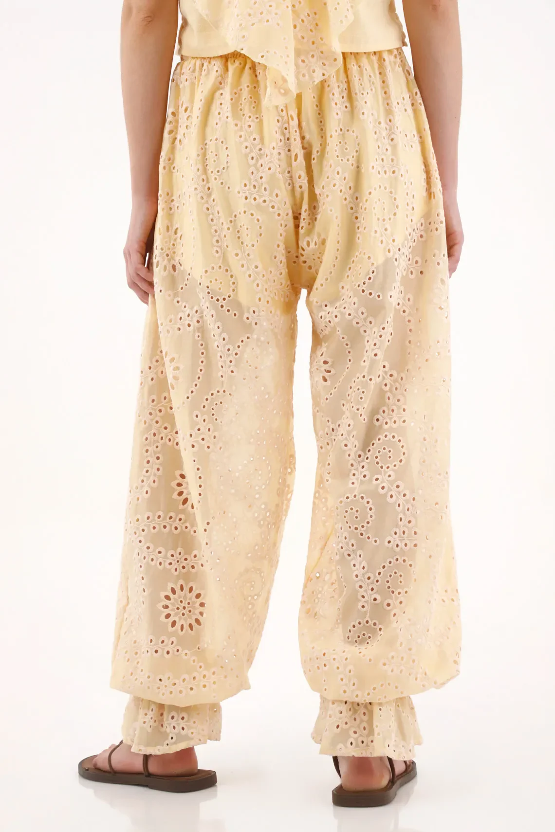 Pastel Yellow Wide Leg Lyocell Pants for Women with Cutwork Embroidery - Image 5